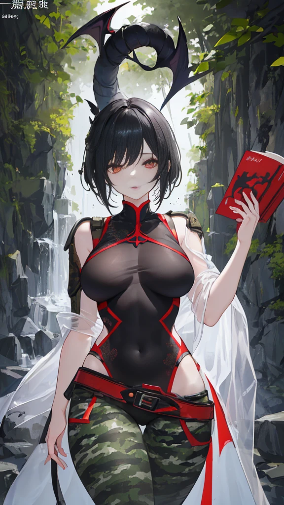 A beautiful instructor,She is twenty-seven or eighty-years-old,One meter seven height,With short black hair,Beautiful looks,Skin has a healthy wheat color。The beautiful instructor has a devilish figure,The ravine on the chest stands high against the dark green tight-fitting vest on the upper body.,The slender and straight legs of the lower body are wrapped in camouflage pants, and a belt is tied to the slender and soft waist.,This highlights the towering chest even more。exposed breasts,(see-throgh clothing:1.5),anatomically correct,visible vermilion nipples