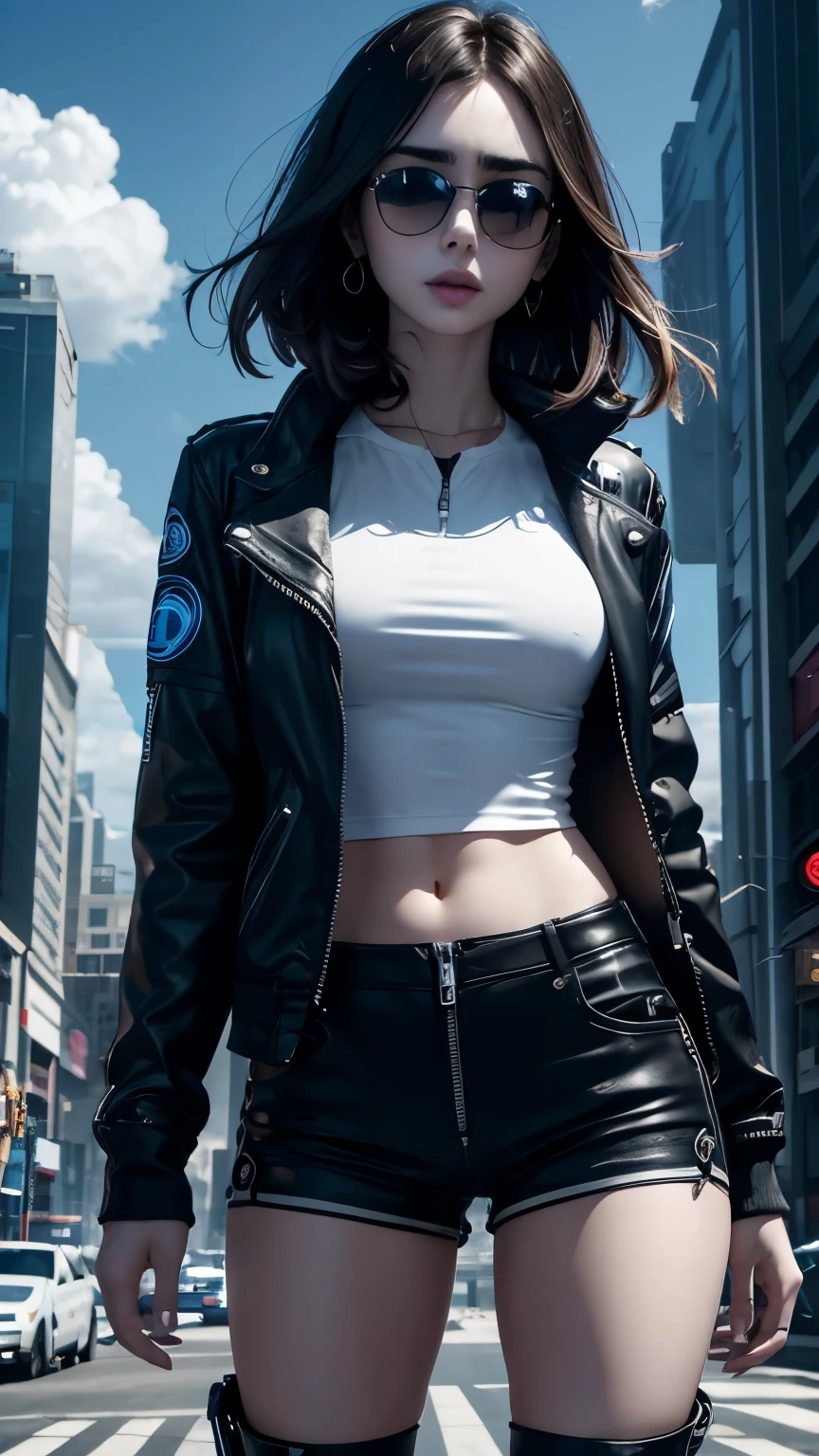 Lily Collins,Tall figure，skin，Upper body shorts，Black shorts，buttons，zipper，Complex workmanship，icon，company logo，Emit blue light，background with，future technology，cyberpunk city，，big gear，wind，Blue sky and white clouds，