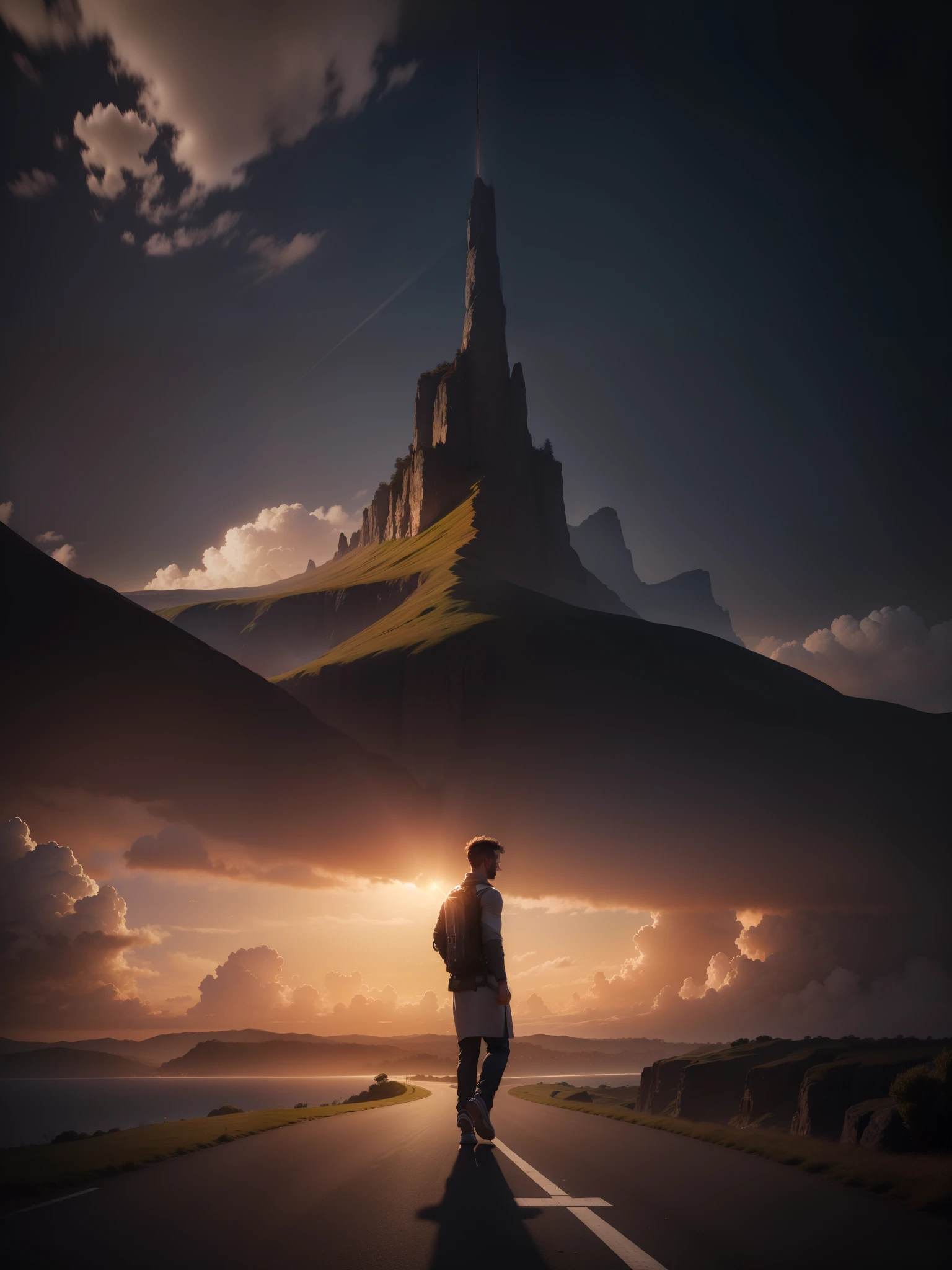 man, landscape, nature, mountains, paths, path, path to heavens, palm trees, alone, alone, straight path, natural view, divine, clouds, cloud, heavens, sky, sun, detailed sky, path to, back, manly, manly, manly, vigorous, strong, well dressed, tunic, decent, walk, run, path, beauty path, life path, nature, beautiful place, paradise, back, walking, looking at the straight path,  Direction photorealism, photorealistic, Ultra HD, 4K, detailed textures, futuristic colors, detailed colors,