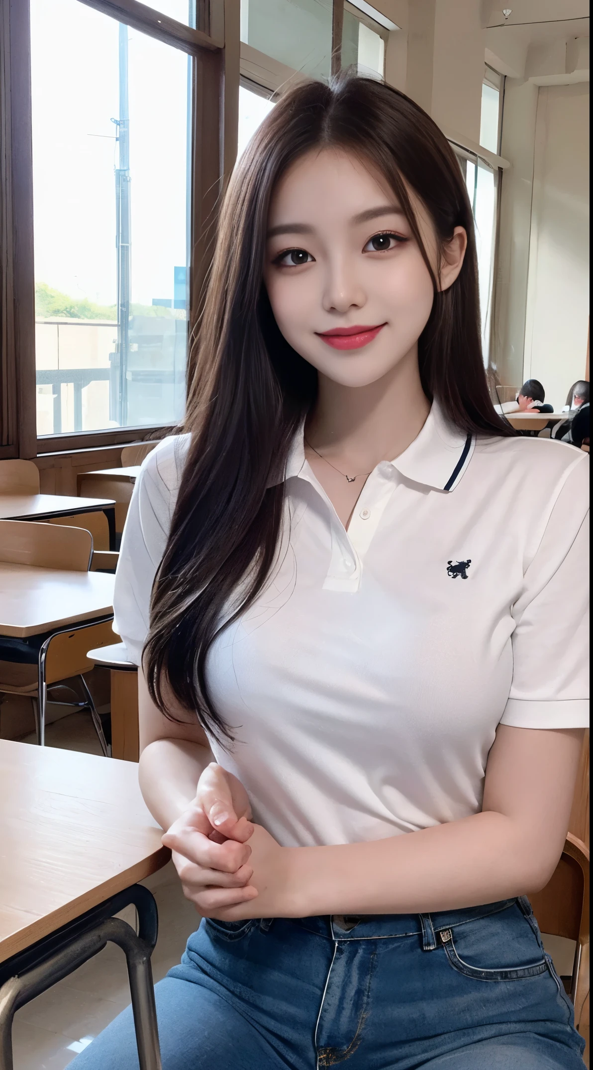 on the table, best quality, illustration, Super detailed, fine details, high resolution, 8k wallpaper, Perfect dynamic composition, Beautiful and delicate eyes,female student、Polo shirt、thighs thighs thighs thighs, (huge :1.3)、 natural color lips,a smile