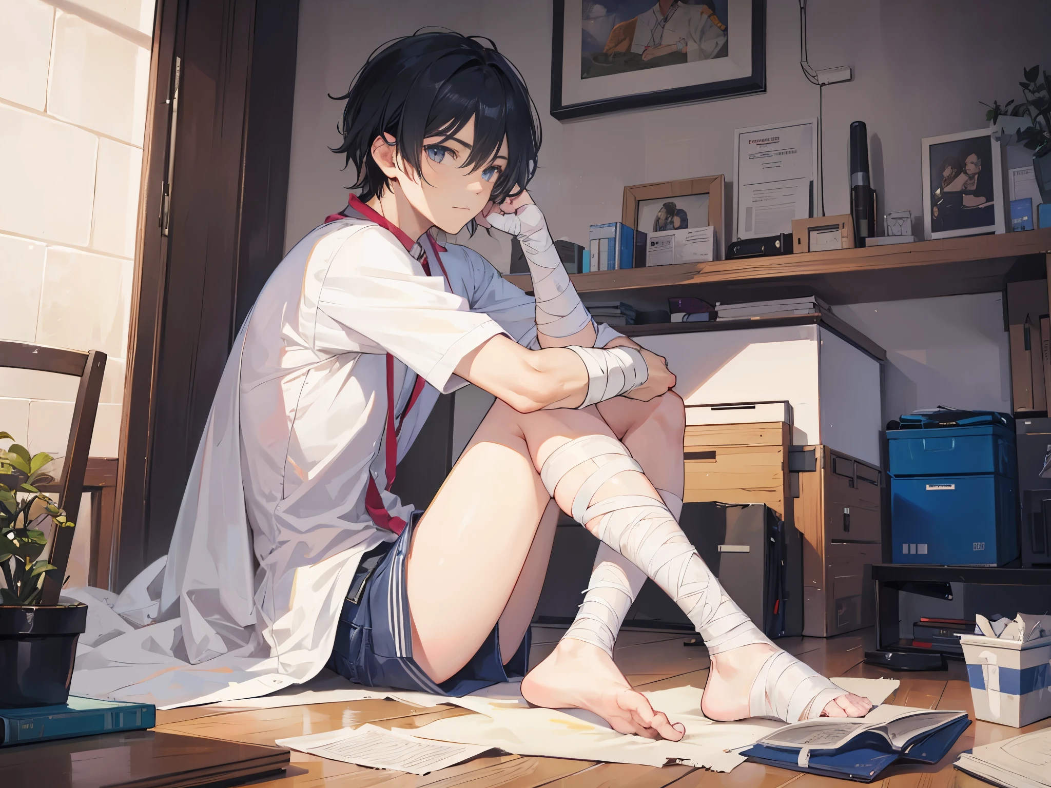 A man in his 20s with a bandage on his leg
