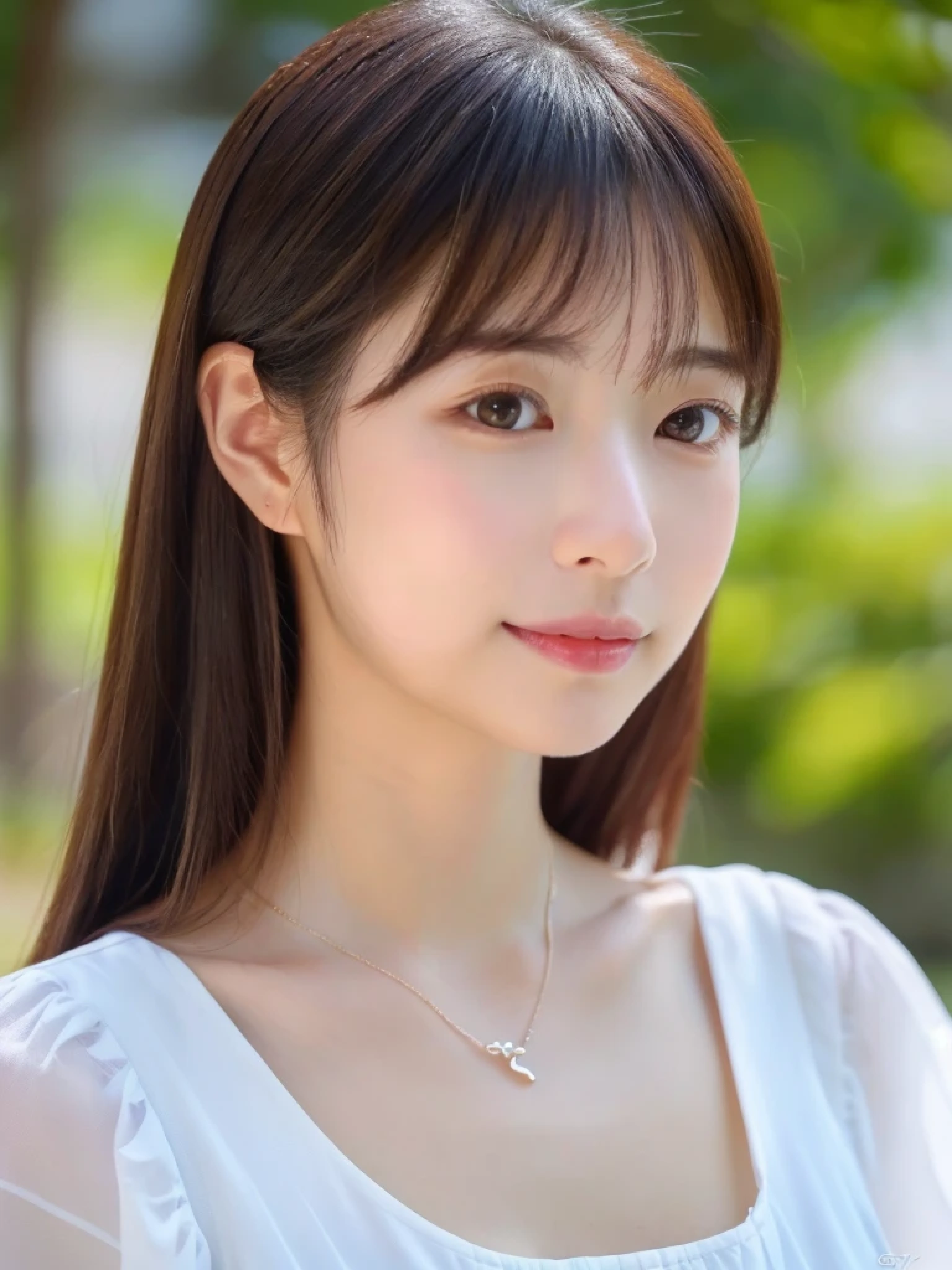 ((cute日本の女の子、beautiful japanese girl、1 girl、clear、19 years old、ponytail、Highly detailed face and skin texture、refinement、super detailed face、highly detailed eyes、Lee Hong、blush、cheek、ピンクのcheekを塗ったcheek、close-up of woman、 from the neck up、 Close to the camera、 positive face、Forward-facing body、look at the camera、front、cute、smooth white skin、Transparent skin texture、))、(dark brown hair、bangs)、beautiful woman with perfect style:1.4、japanese model、young gravure idol、若いcuteグラビアアイドル、Realistic young gravure idol、refinementされたグラビアアイドル、((highest quality、8K、masterpiece:1.3、1photograph))、(4K、RAWphotograph、highest quality)、(realistic、フォトrealistic:1.37)、Place someone on the other side of the screen、Natural light、professional lighting、F cup、big breasts、big breasts、Beautiful and well-shaped breasts、