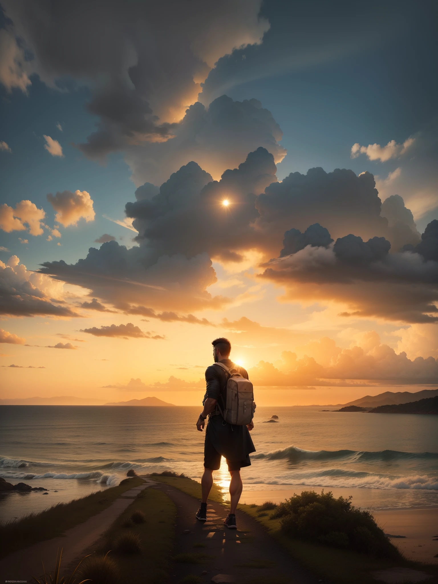 man, landscape, nature, mountains, paths, path, path to heavens, palm trees, alone, alone, straight path, natural view, divine, clouds, cloud, heavens, sky, sun, detailed sky, path to, back, manly, manly, manly, vigorous, strong, well dressed, tunic, decent, walk, run, path, beauty path, life path, nature, beautiful place, paradise, back, walking, looking at the straight path, Direction photorealism, photorealistic, Ultra HD, 4K, detailed textures, futuristic colors, detailed colors,
