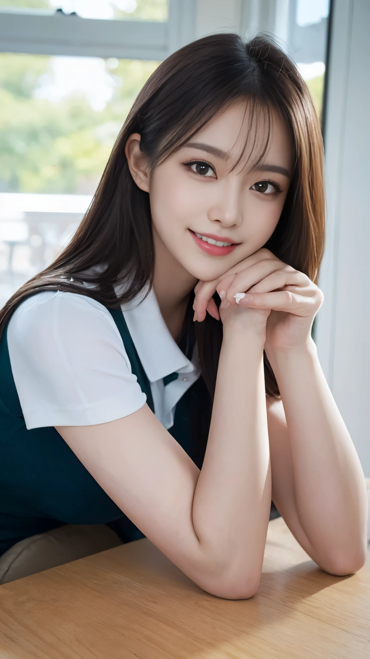 on the table, best quality, illustration, Super detailed, fine details, high resolution, 8k wallpaper, Perfect dynamic composition, Beautiful and delicate eyes,female student、Polo shirt、thighs thighs thighs thighs, (huge :1.3)、 natural color lips,a smile
