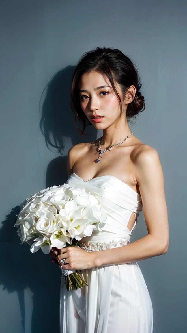 1 Japanese female、((alone))、alone、bride、Wearing White wedding dress、happiness、((Show me your forehead))、Are standing、short hair、detailed face、High resolution、((whole body))、(flowers around her)、whole body、She is a beautiful woman to marry、High quality and beautiful、shining face,((Holding a bouquet of flowers))、