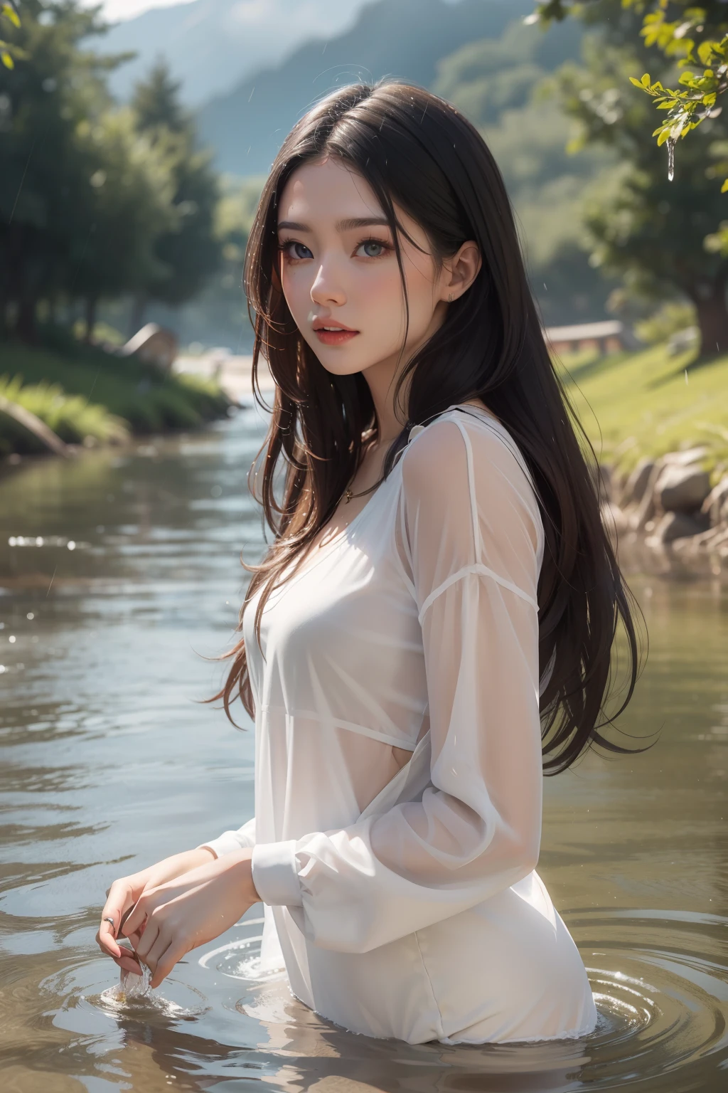 beautiful  woman with long hair, playing in the river, heavy rain, thin white clothes, photorealistic, complicated, detailed, hd, 18k