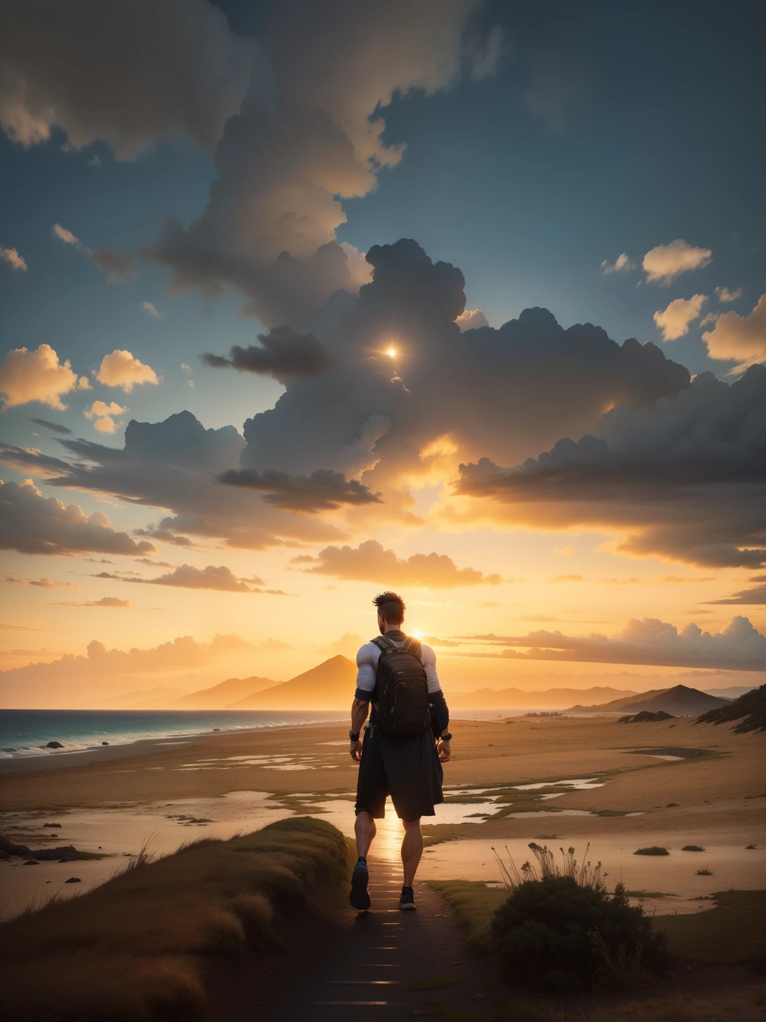 man, landscape, nature, mountains, paths, path, path to heavens, palm trees, alone, alone, straight path, natural view, divine, clouds, cloud, heavens, sky, sun, detailed sky, path to, back, manly, manly, manly, vigorous, strong, well dressed, tunic, decent, walk, run, path, beauty path, life path, nature, beautiful place, paradise, back, walking, looking at the straight path,  Direction photorealism, photorealistic, Ultra HD, 4K, detailed textures, futuristic colors, detailed colors,
