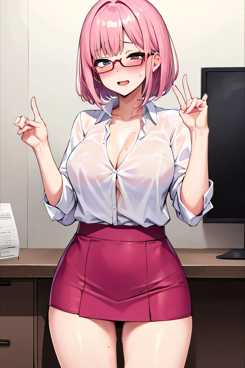 (mature woman), blush, Ahegao, (middle aged), white skin, smooth white thighs, Sheer blouse, tight mini skirt, wearing glasses, Pink bob hair, beautiful face, chest, sweating, sexy, highest quality,8K quality,stand pose, (background: In front of the desk in the office)