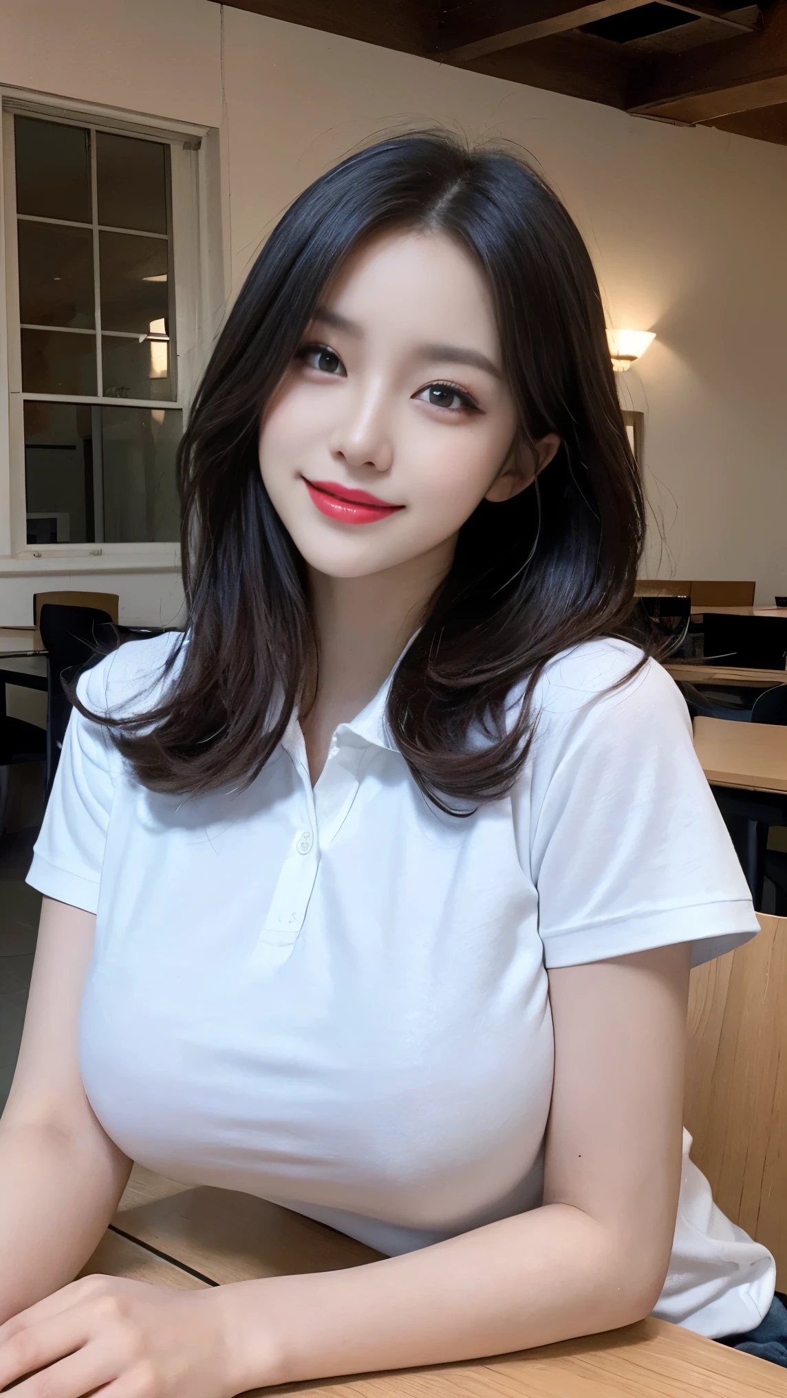 on the table, best quality, illustration, Super detailed, fine details, high resolution, 8k wallpaper, Perfect dynamic composition, Beautiful and delicate eyes,female student、Polo shirt、thighs thighs thighs thighs, (huge :1.3)、 natural color lips,a smile，exposing her chest，Show breasts，huge breasts，