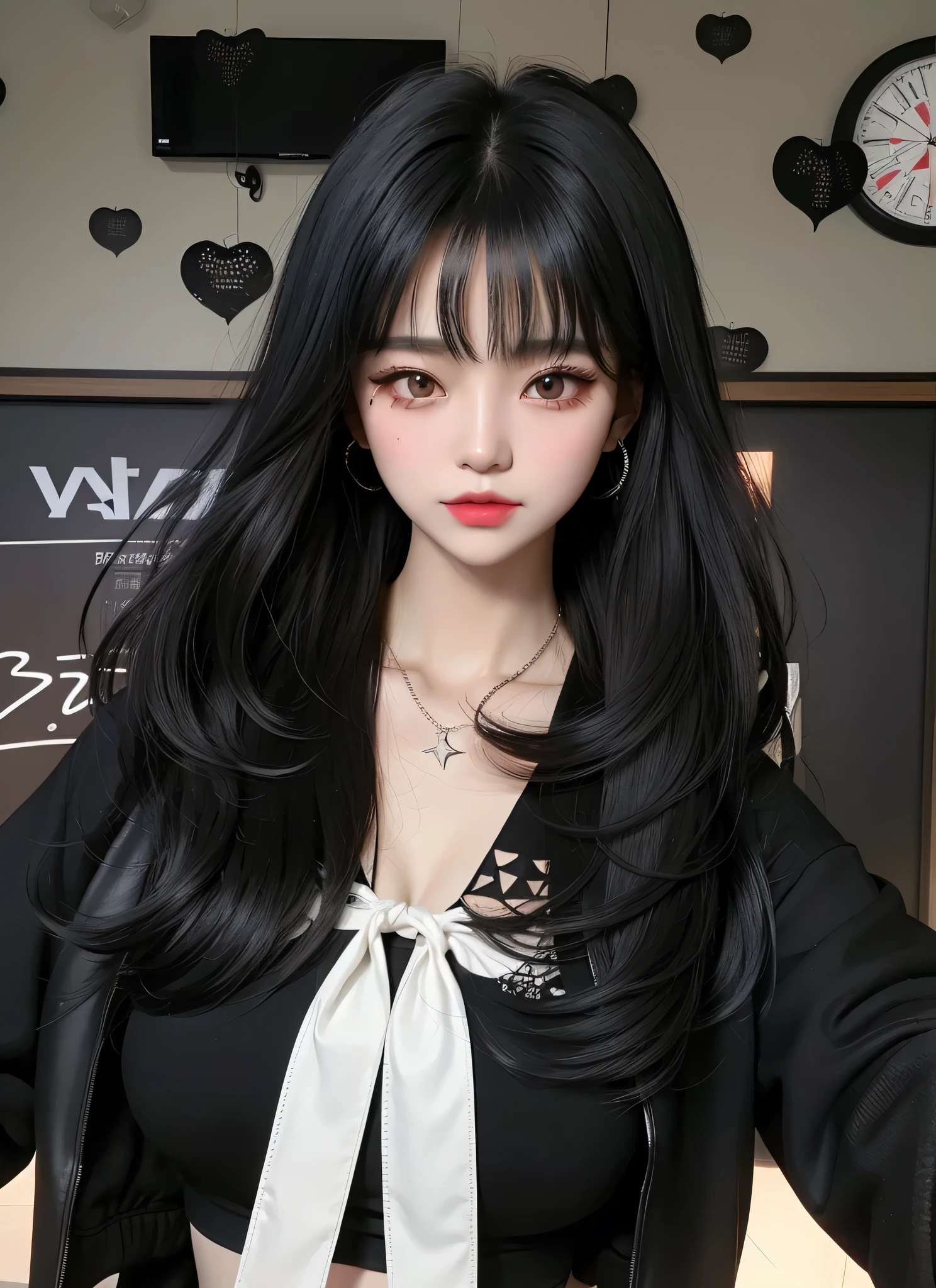 there is a woman with long black hair wearing a black top, lblsck hair, inspired by Sim Sa-jeong, imvu, cruel korean goth girl, sui ishida with black hair, inspired by Ma Yuanyu, sakimi chan, with straight black hair, detailed long black hair, black hime cut hair, 1girl, star eye, blush, perfect illumination, black hair, black eyes, unreal engine, sidelighting, detailed face, bangs, bright skin, simple background, repainting