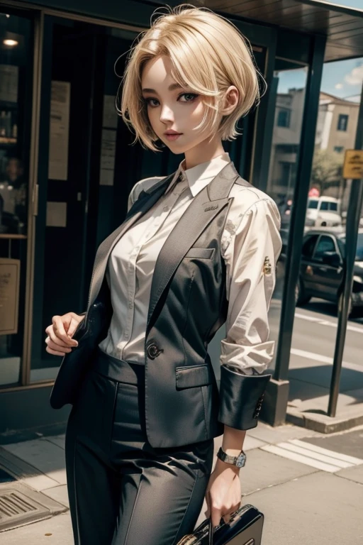Suit Girls beauty of suit、pant suit blonde short hair