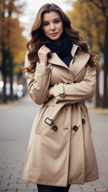 gorgeous, pretty, warm-hearted, kind-hearted, brighty, cheerful, sweet, polite, sensitive, sensible, shiny, charming, stylish, long wavy haired russian woman, she is dressed with a long trench coat and scarf