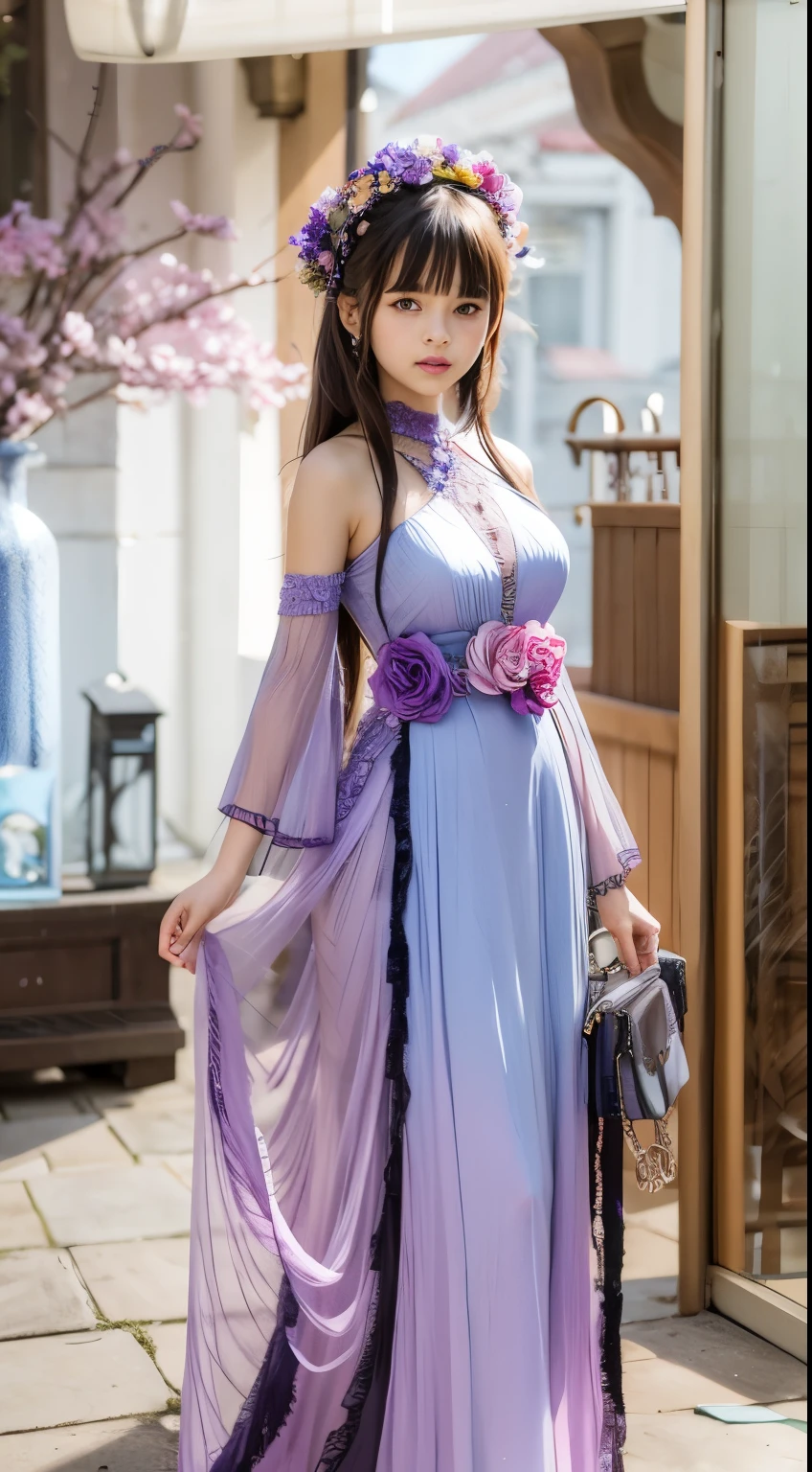  style woman in a purple dress with a flower crown,