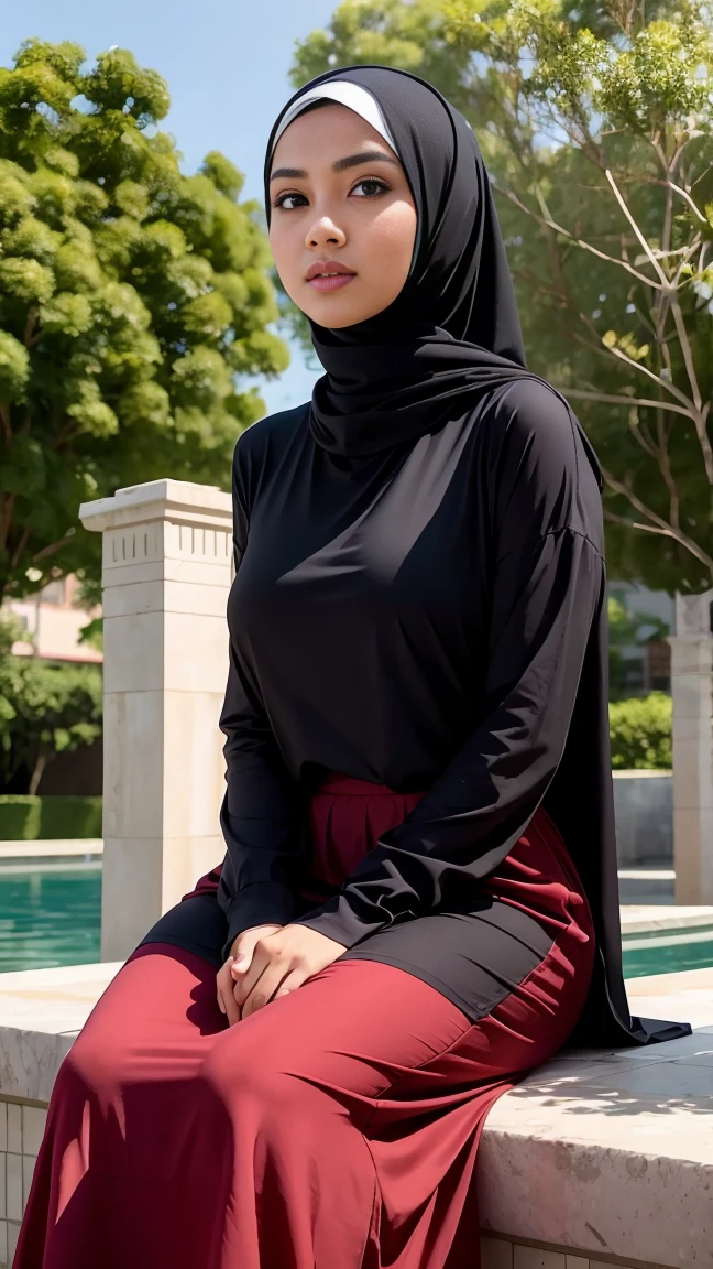 ( Close Up),RAW, Best quality, high resolution, work: 1.3, beautiful Malay woman in hijab, beautiful big eyes, smiling, beautiful face, shiny lips, soft smile, medium portrait, watery eyes, big breasts,thick thighs, woman sitting on a bench with a hat on seated on wooden chair,flowing and long skirts, with a cool pose, doing an elegant pose,, sitting on a table, sitting on a chair, attractive pose, cool pose, awesome pose, casual pose,