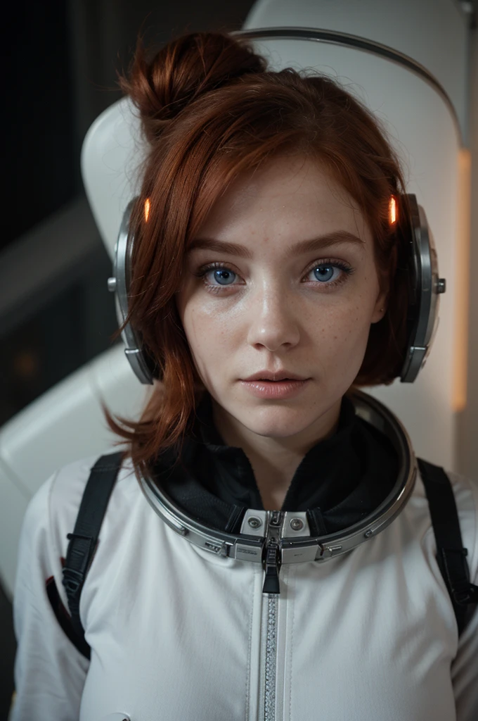 Photo of a red-haired woman, in space, Futuristic spacesuit, (freckles:0.8) cute face, Science fiction, Dystopian, Detailed eyes, Blue eyes, full length