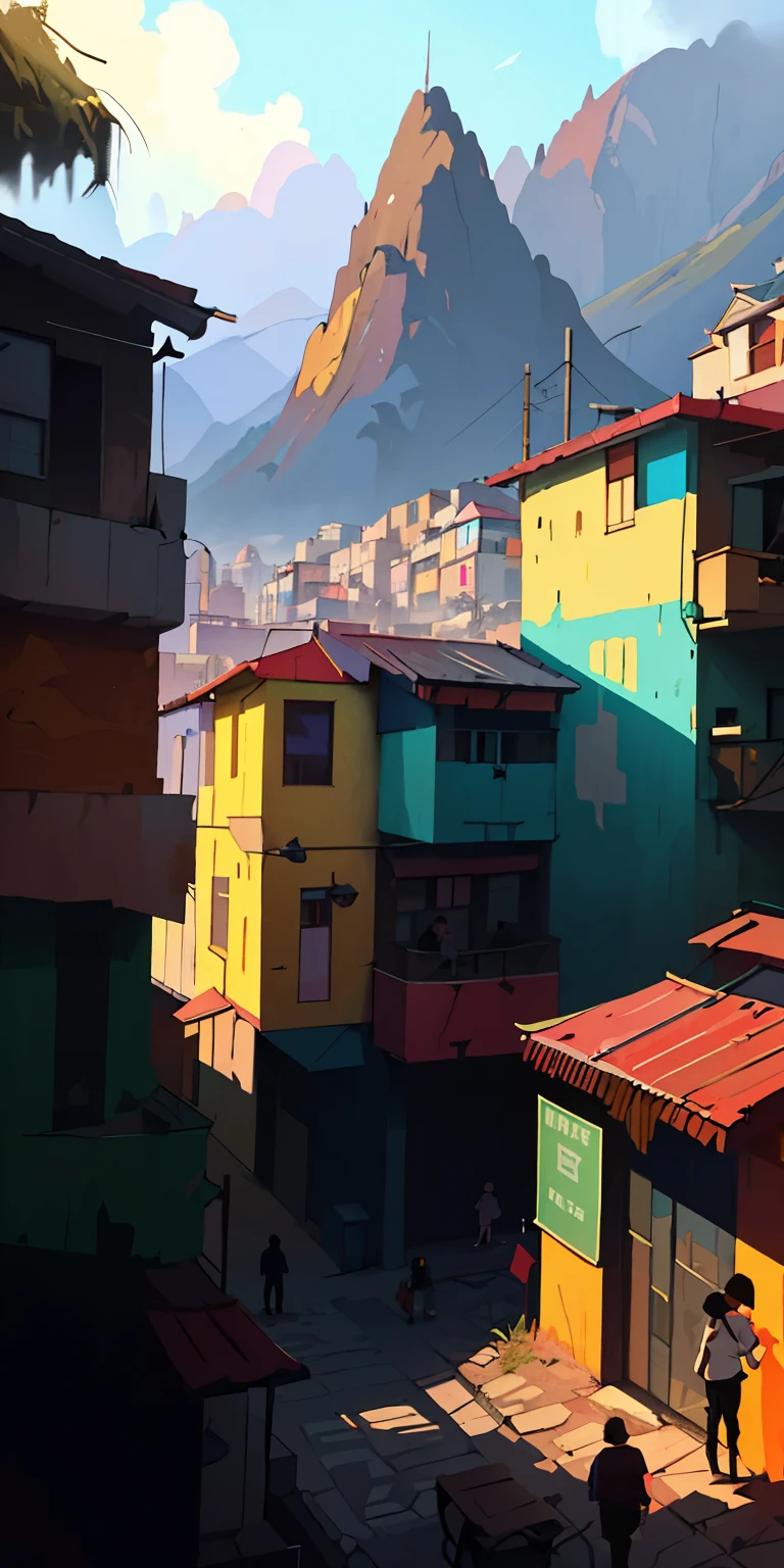 colorful buildings in a city with a mountain in the background, pintura digital concept art, Atey Ghailan 8K, matte pintura digital, pintura digital. Octane rendering, pintura digital 4k, pouco detalhado. pintura digital, colorful pintura digital, 8k pintura digital, painterly concept art, 4k pintura digital, 4 k pintura digital, vibrant pintura digital