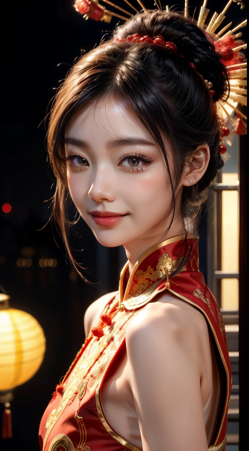 Best quality, 4k, high-end, ultra fine: 1.2), realistic, Chinese girl, exquisite face, beautiful detailed eyes, beautiful detailed lips, long eyelashes, red traditional clothing, black ponytail, tassel hair accessories, peony hair accessories, smiling expression, dynamic perspective, night, lantern, Chinese street, award-winning, cowboy lens, night scene