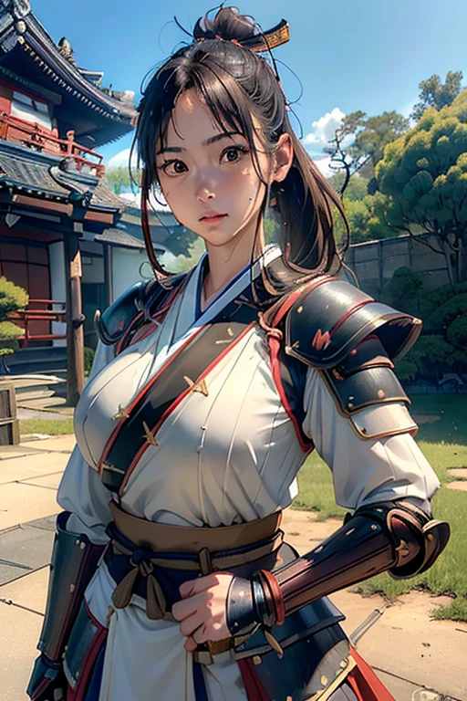 extremely detailed CG unity 32K wallpaper, top quality, masterpiece, raw photo, photorealistic, highest resolution, professional photo, dynamic, cinematic lighting, (Japan in 16th century, science fiction:1.4), steampunk, sharp focus, depth of field, (perfect body, correct anatomy:1.5), intricately detailed face, expressive face, POV, (from front:1.3), 1 girl, ((18 years old:1.2)), Japanese woman, ((female warrior:1.3)), solo, cowboy shot, black hair, ponytail, ultra-realistic skin, detailed skin, (narrow and brown eyes:1.3), hyper-realistic eyes, highly detailed nose and lips, (tall nose:1.5), (oval and slim outline of the face:1.4), expressionless, ((samurai armor:1.5)), skinny, medium breast, (correct body proportion, perfect body proportion:1.5), (((holding and shooting a giant matchlock gun against enemy:1.5))), (((the matchlock gun is ejecting a self-propelled grenade:1.3))), (((during a battle, outdoor, countryside, noon:1.3)))