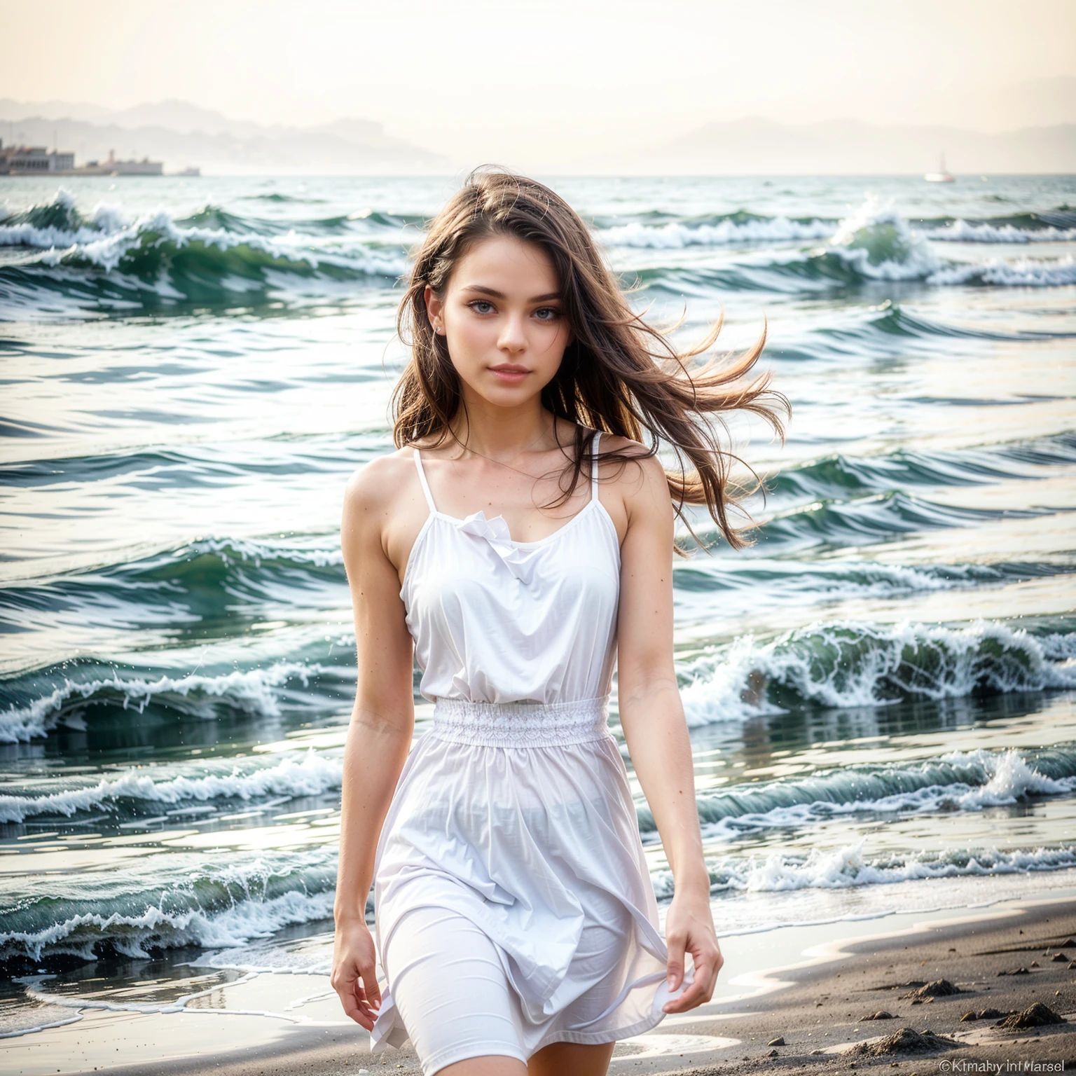 1girl,kawaii,detailed face,looking at viewer,focused,masterpiece,best quality, highres,8k,intricate,elegant,highly detailed,dynamic lighting BREAK long hair flows gracefully in the gentle sea breeze,the fading sunlight casts a warm, ethereal glow on the scene. She is wearing a flowing, light-colored dress that ripples in the wind. The waves gently kiss the shore in the background, and there's a sense of tranquility in the air. The overall atmosphere should evoke a feeling of serenity and beauty