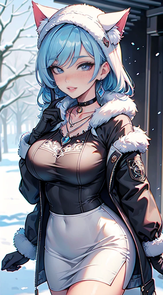 Masterpiece, beautiful art, professional artist, 8k, art style by sciamano240, very detailed face, very detailed hair, very detailed clothes, 1girl, perfectly drawn body, beautiful face, long hair, light blue hair , very detailed blue vertical cat eyes, square glasses, pouty lips , rosey cheeks, intricate details in eyes, extreme close up of face, see only head and neck, staring directly at viewer, wearing cute winter clothes, winter coat, necklace, choker, earrings, gloves, pencil skirt, black tigh boots, some freckles, big wide grin, in love with the viewer expression, sunny winter setting, walking outside,