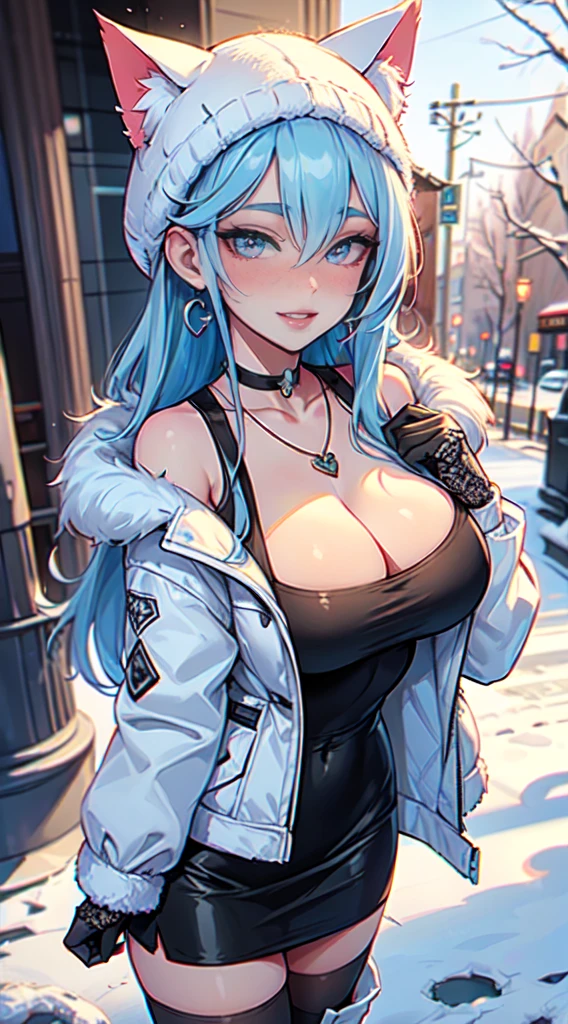 Masterpiece, beautiful art, professional artist, 8k, art style by sciamano240, very detailed face, very detailed hair, very detailed clothes, 1girl, perfectly drawn body, beautiful face, long hair, light blue hair , very detailed blue vertical cat eyes, square glasses, pouty lips , rosey cheeks, intricate details in eyes, extreme close up of face, see only head and neck, staring directly at viewer, wearing cute winter clothes, winter coat, necklace, choker, earrings, gloves, pencil skirt, black tigh boots, some freckles, big wide grin, in love with the viewer expression, sunny winter setting, walking outside,