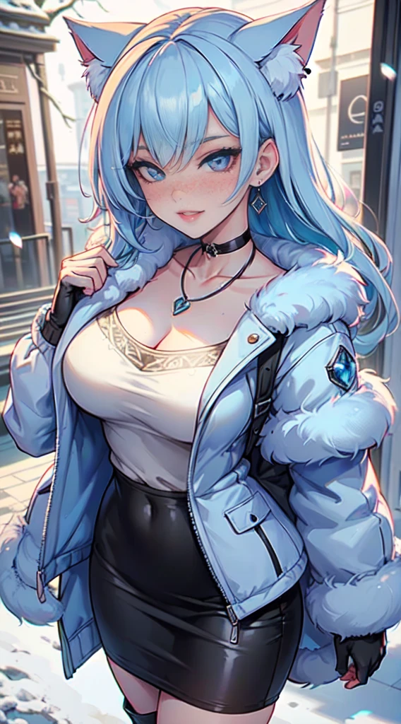 Masterpiece, beautiful art, professional artist, 8k, art style by sciamano240, very detailed face, very detailed hair, very detailed clothes, 1girl, perfectly drawn body, beautiful face, long hair, light blue hair , very detailed blue vertical cat eyes, square glasses, pouty lips , rosey cheeks, intricate details in eyes, extreme close up of face, see only head and neck, staring directly at viewer, wearing cute winter clothes, winter coat, necklace, choker, earrings, gloves, pencil skirt, black tigh boots, some freckles, big wide grin, in love with the viewer expression, sunny winter setting, walking outside,