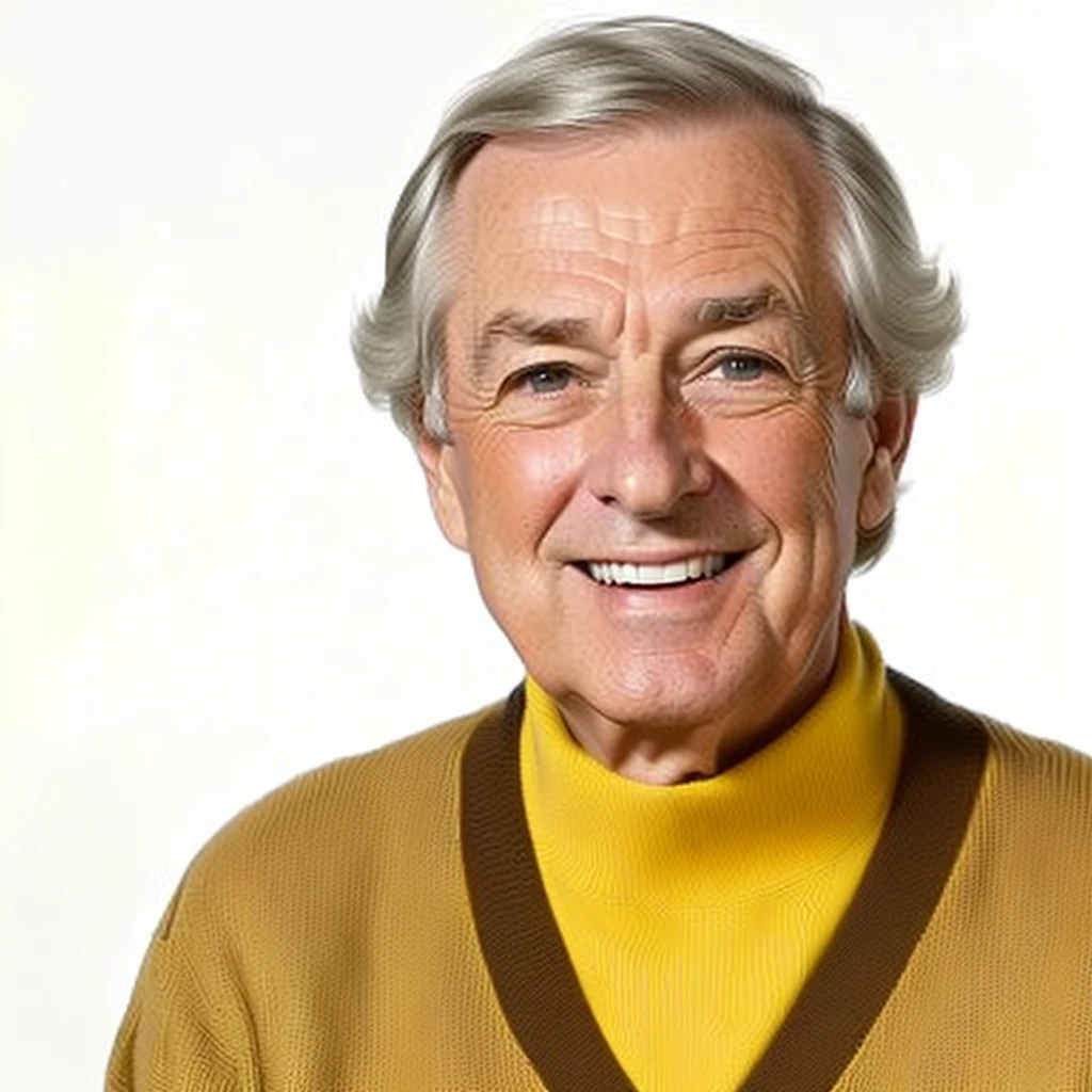 arafed man in a yellow skivy and brown sweater smiling, bob clampett, coherent photo, geiger, retired barney, promo photo, smug smirk, colorized, promotional portrait, promo image, trending photo, character headshot portrait, headshot photograph, set photo, alan grey, tv set background, sitting in an old armchair, legs crossed