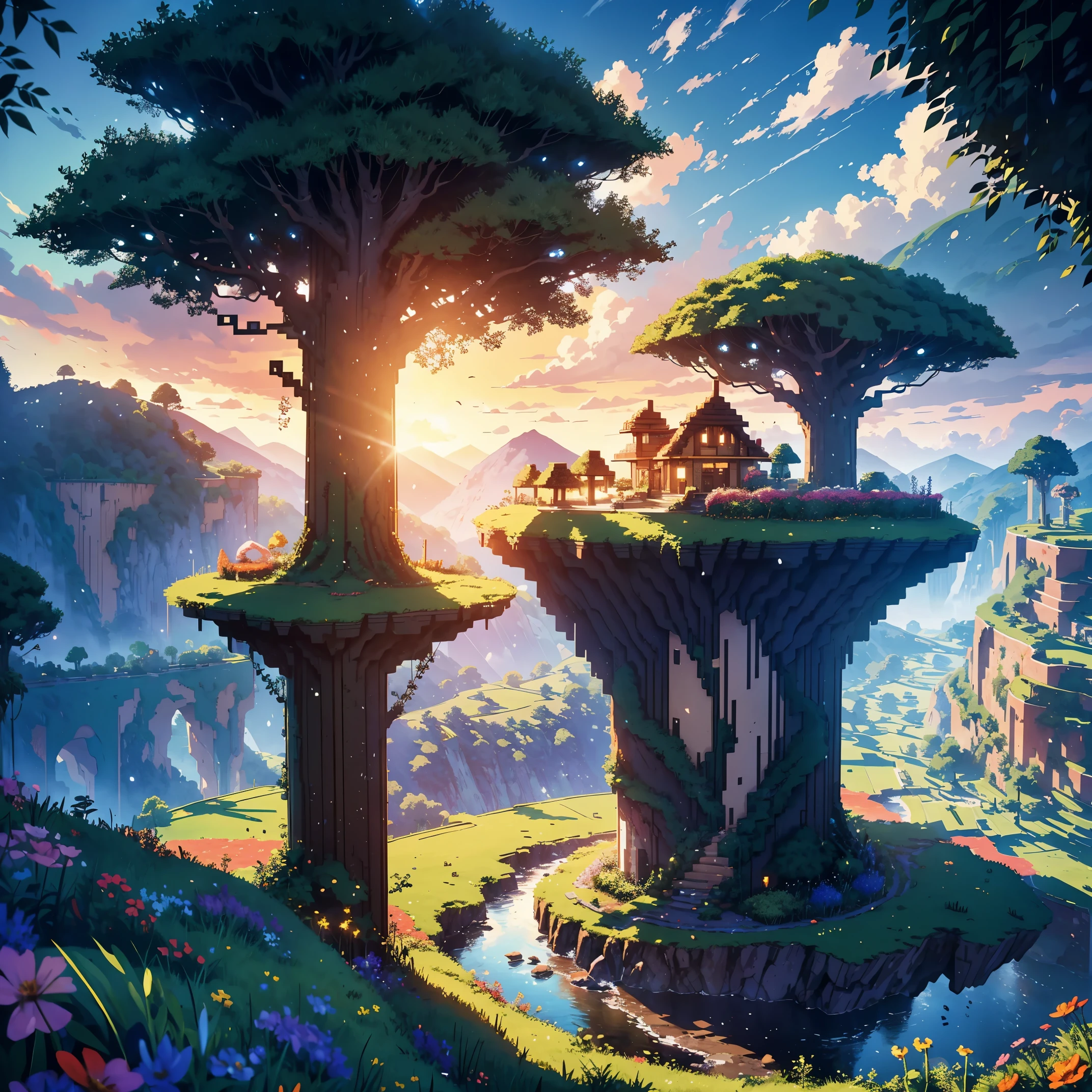 A mesmerizing Minecraft place set in a lush and vibrant biome, featuring towering oak trees with their branches forming natural canopies, a flowing river winding through the landscape, and colorful flowers scattered across the grassy terrain. In the distance, a quaint village with charming cottages and a bustling marketplace adds a touch of liveliness to the scene. The sky above is painted with hues of dawn or dusk, casting a warm glow over the pixelated landscape. Capture this Minecraft world in an Illustration, using digital art techniques to emphasize the blocky aesthetic and vibrant colors, HD detail, hyper-detail, cinematic, surrealism, soft light, deep field focus bokeh, ray tracing and surrealism