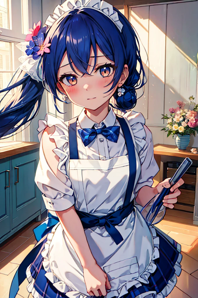 highest quality, masterpiece, High resolution, alone, {Sonoda_Ocean_lovelive:1.15}, blue hair，long hair，side ponytail,flower hair ornament,naked,apron,ネイキッドapron,naked足,apronの裾を両腕で掴む,kitchen,blush,embarrassing,