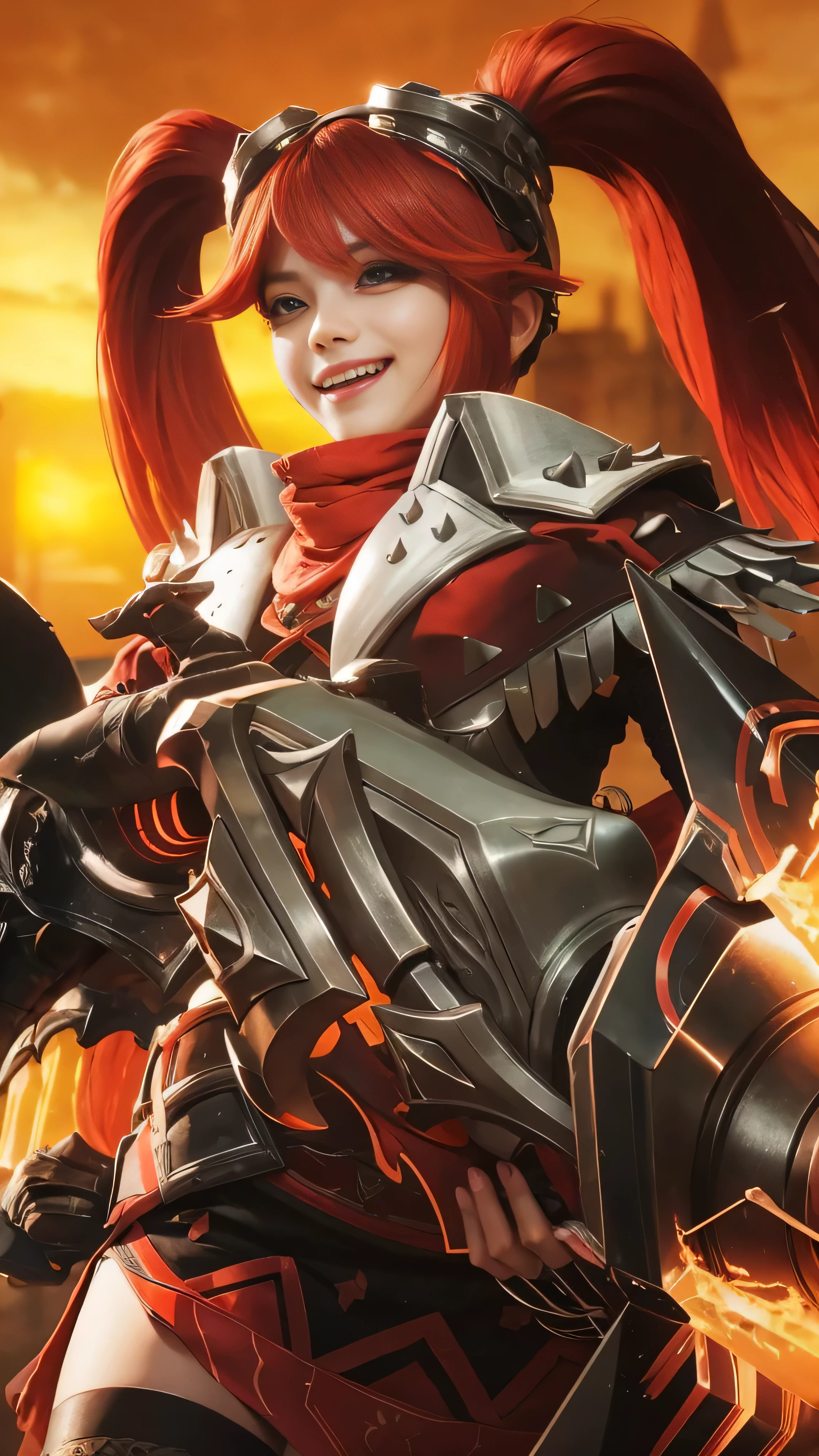 smile, 8k, highly detailed, close-up view of a woman with weapons and armor