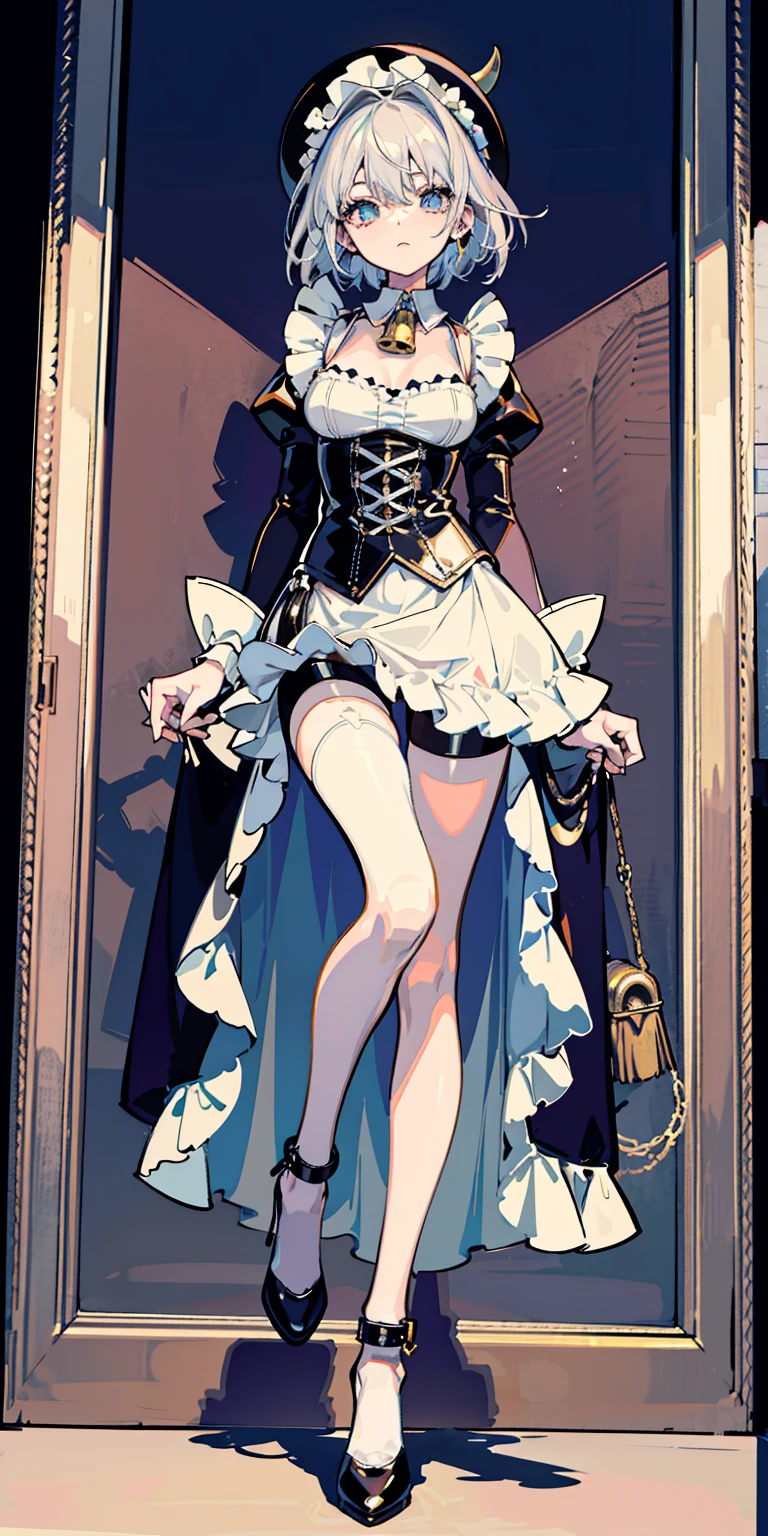 full body, barefoot, solo, female, big breast ,linen tunic, fantasy village, armor, Handcuffs on their hands, With a collar around the neck, hands on hips, slave, ((black choker, shackles on legs and arms)),