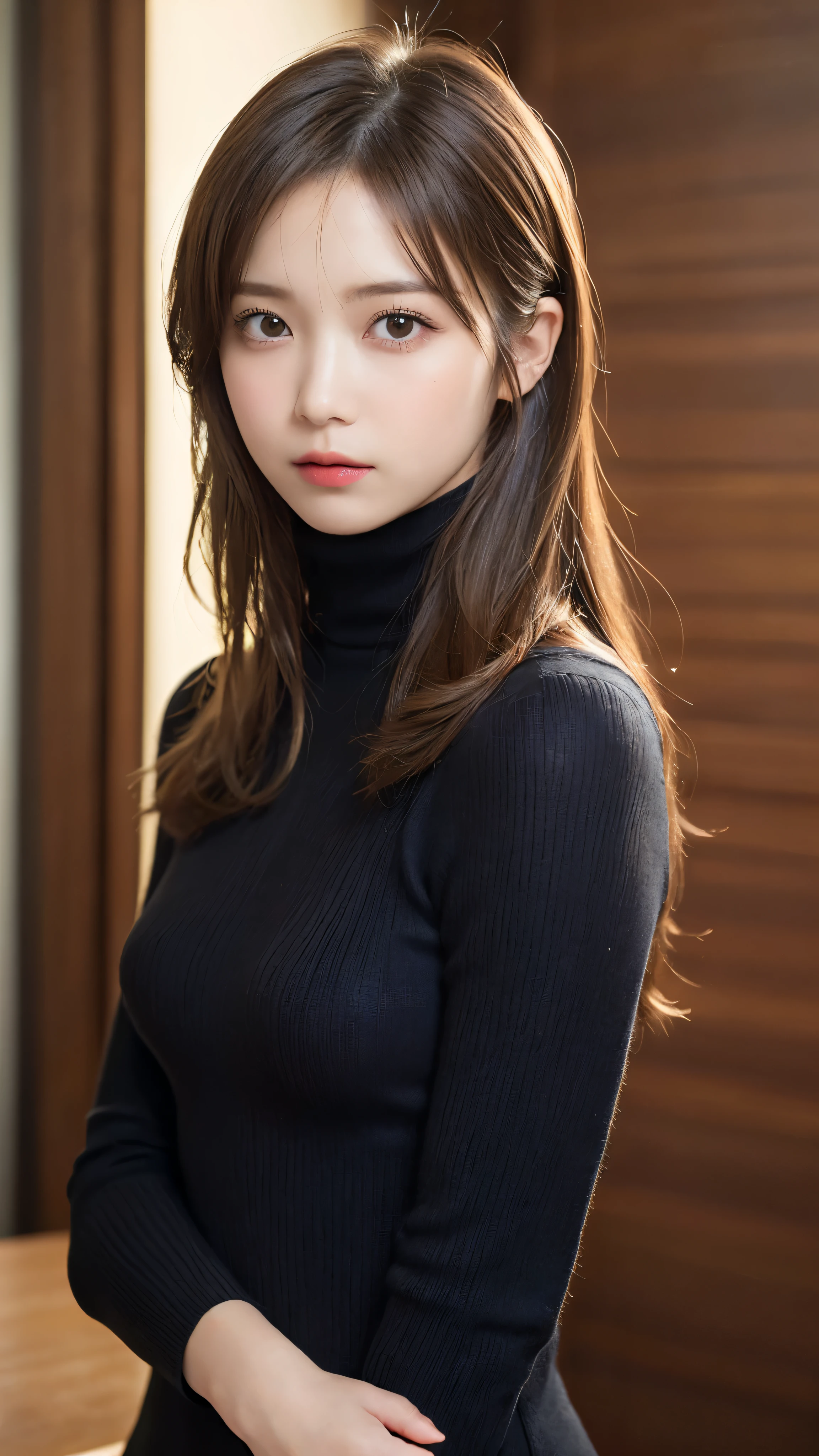 (masterpiece:1.5)、(realistic:1.5)、(highest quality:1.4、8K、RAW photo）、
ultra high resolution、professional lighting、perfect dynamic composition、indoors、
film grain、chromatic aberration、(Bokeh:1.1)、
Frank、Sophisticated、Charm、surreal、high detail、golden ratio、
(1 girl)、slender girl、繊細でCharm女の子、cute woman:1.4、
serious expression、looking at the viewer、
light brown hair、shining hair、Random cute hairstyles、
skin that looks real、
close your mouth、fine eyes、double eyelid、thin arms、
(Wearing a black turtleneck knit)