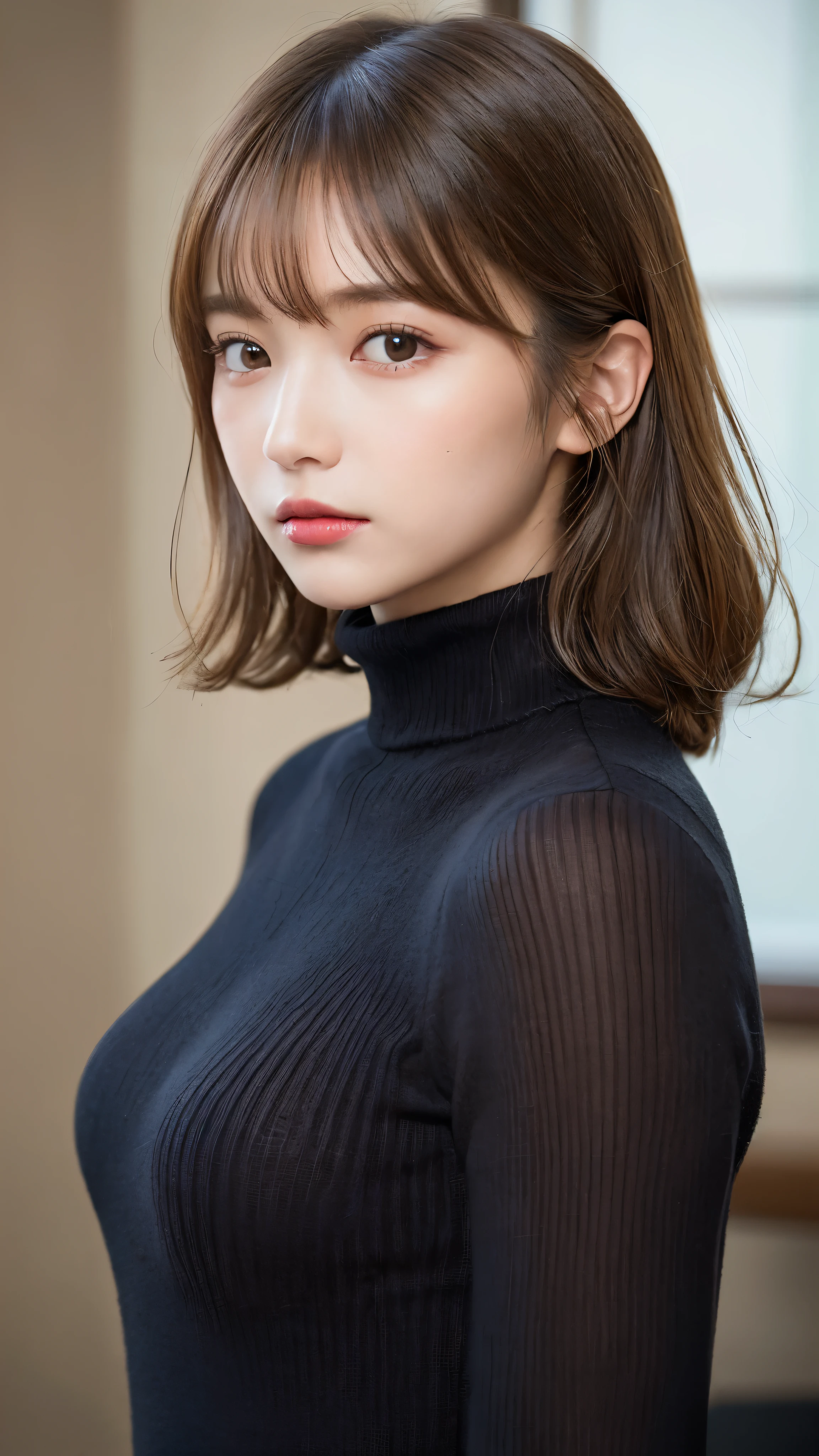 (masterpiece:1.5)、(realistic:1.5)、(highest quality:1.4、8K、RAW photo)、
ultra high resolution、professional lighting、perfect dynamic composition、indoors、
film grain、chromatic aberration、(Bokeh:1.1)、
Frank、Sophisticated、Charm、surreal、high detail、golden ratio、
(1 girl)、slender girl、繊細でCharm女の子、cute woman:1.4、
serious expression、looking at the viewer、
light brown hair、shining hair、Random cute hairstyles、
skin that looks real、
close your mouth、fine eyes、double eyelid、thin arms、
(Wearing a black turtleneck knit)