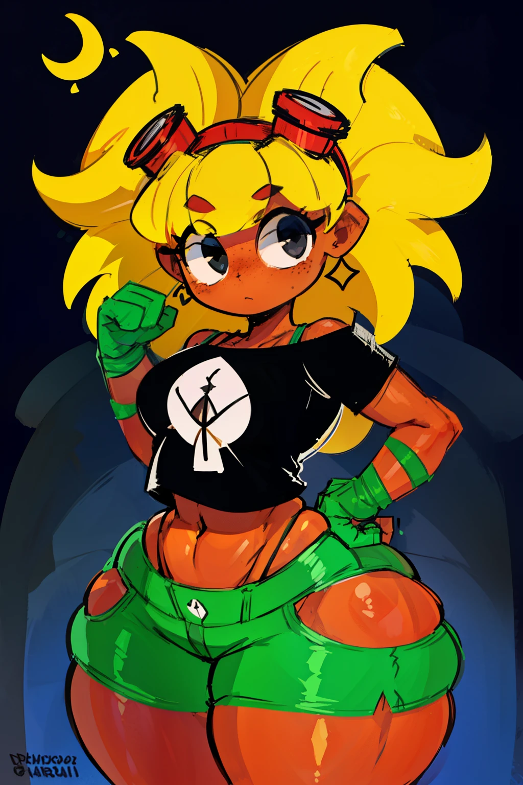 (master part, melhor qualidade), intricate details 1moça, , fundo pesado, bunda gigantesca, hiper coxas,milf lingerie bunda grande bunda foco(master part, melhor qualidade:1.2)solar_flare_(plants_vs_zombies_heroes), masterpiece, best quality, 1girl, solo, goggles, blonde hair, goggles on head, breasts, shorts, freckles, dark skin, dark-skinned female, navel, gloves, green shorts, midriff, medium breasts, crop top, spiked hair, cowboy shot, clenched hands, black eyes, shirt,