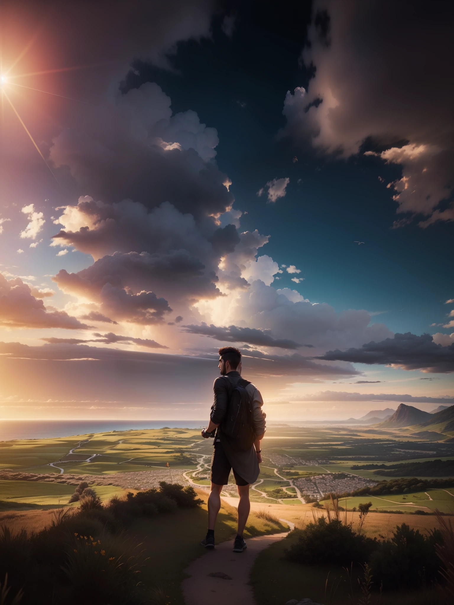 man, landscape, nature, mountains, paths, path, path to heavens, palm trees, alone, alone, straight path, natural view, divine, clouds, cloud, heavens, sky, sun, detailed sky, path to, back, manly, manly, manly, vigorous, strong, well dressed, tunic, decent, walk, run, path, beauty path, life path, nature, beautiful place, paradise, back, walking, looking at the straight path,  Direction photorealism, photorealistic, Ultra HD, 4K, detailed textures, futuristic colors, detailed colors,