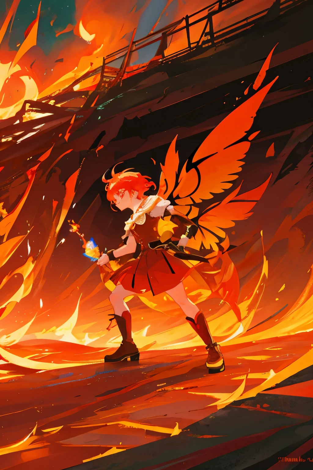 In the heart of an active volcano, a vibrant carnival unfolds with an anime style ambience. Fire dancers twirl and leap, their torches casting flickering lights against the molten lava backdrop. Ash beasts roam the scene, their forms a harmonious blend of fiery elements and the raw power of nature. Anime fans would be in awe of this 4k anime wallpaper-worthy masterpiece. Highly saturated colors of red, orange, and yellow dominate the image, representing the intensity of the volcanic elements. Warm tones add to the energetic atmosphere, creating a captivating and immersive scene. This fiery festival anime