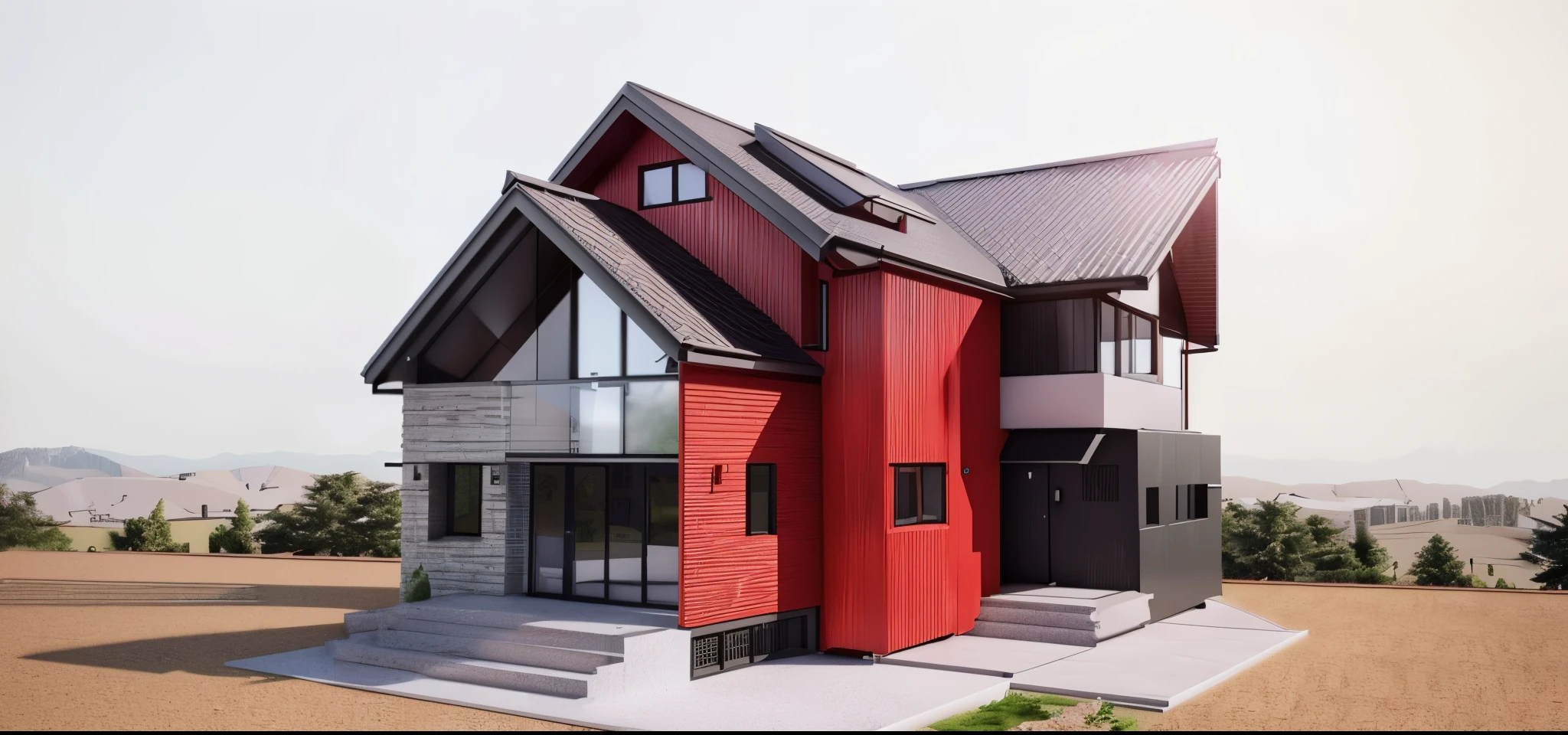 a rendering of a house with a staircase and a red roof, passive house, vue 3d render, complete house, front-view, sketch - up, 3/4 view, 3 / 4 view, render 3 d, concept house, comprehensive 2 d render, simple gable roofs, detail render, 3d rendering, 3 d rendering, 3d max render