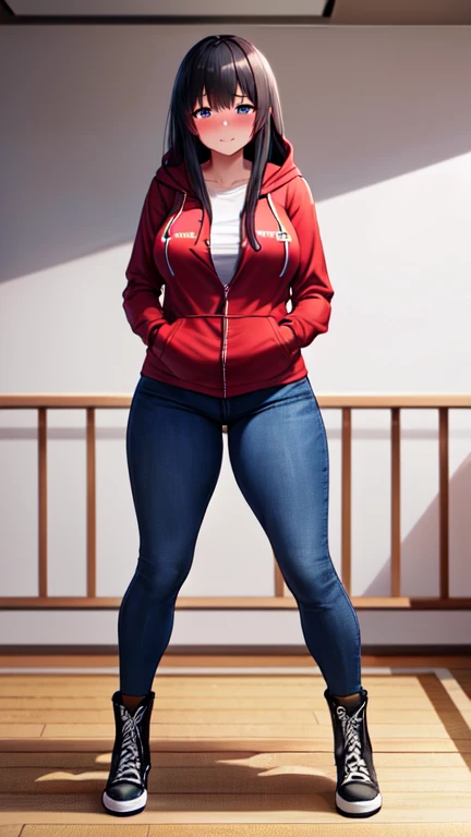 (5 foot 5 inch Anime girl wearing a red zip up hoodie over a shirt, (black jeans), and black knee high lace up converse boots with round toes), Large breasts, thick thighs, cute, full body image, black long hair, light blue eyes, quality images, ((high quality faces)), bedroom, standing, (blushing and embarrassed)