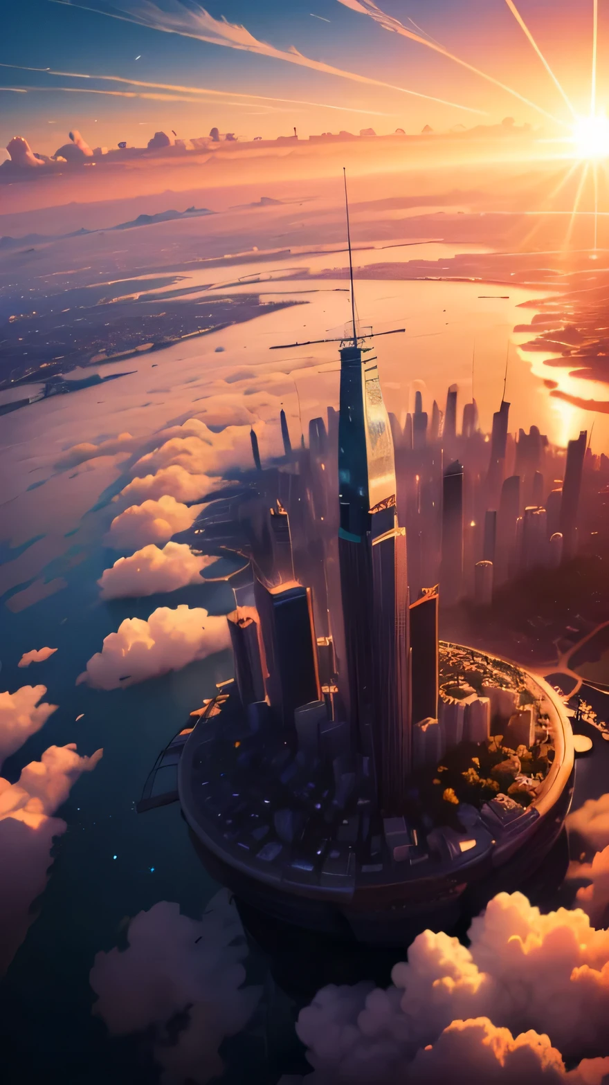 birds eye view of planet sunset (Best quality,4K,8K,A high resolution,Masterpiece:1.2),Ultra-detailed,(Realistic,Photorealistic,photo-realistic:1.37),Futuristic floating cities ,Futuristic technology,Huge  high-tech tablet platform,Airships,Floating in the sky,Futuristic city,Small airships around,High-tech hemispherical platforms, city floating on lots of clouds, city on top of clouds,  clouds at bottom, golden yellow tones ,sunset, hot weather,city floating on desert, summer, yellow sky, yellow orange clouds, hot summer, multiple cities, birds eye view, huge sun, sunset