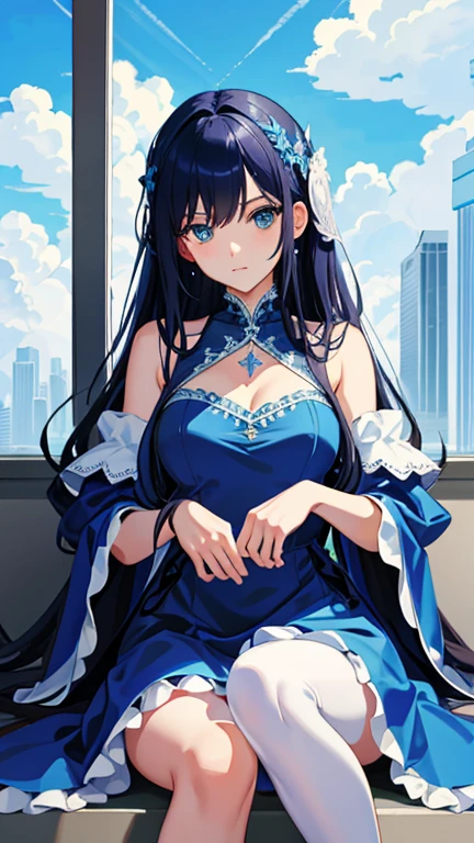 Masterpiece, one woman, solo, Arad in a blue dress, sitting on windowsill, trending on cgstation, 8K high quality detailed art, anime waifu in a nice dress, extremely detailed and exquisite fanart, attractive and alluring Anime woman, WLOP and Sakimichanstyle, Cute and seductive, flowing magical robe, Artgerm's highly detailed and realistic art, blue dress shimmering under the sunlight, delicate features, expressive eyes, crouching pose, showcasing white stockings, beautiful and enchanting.
