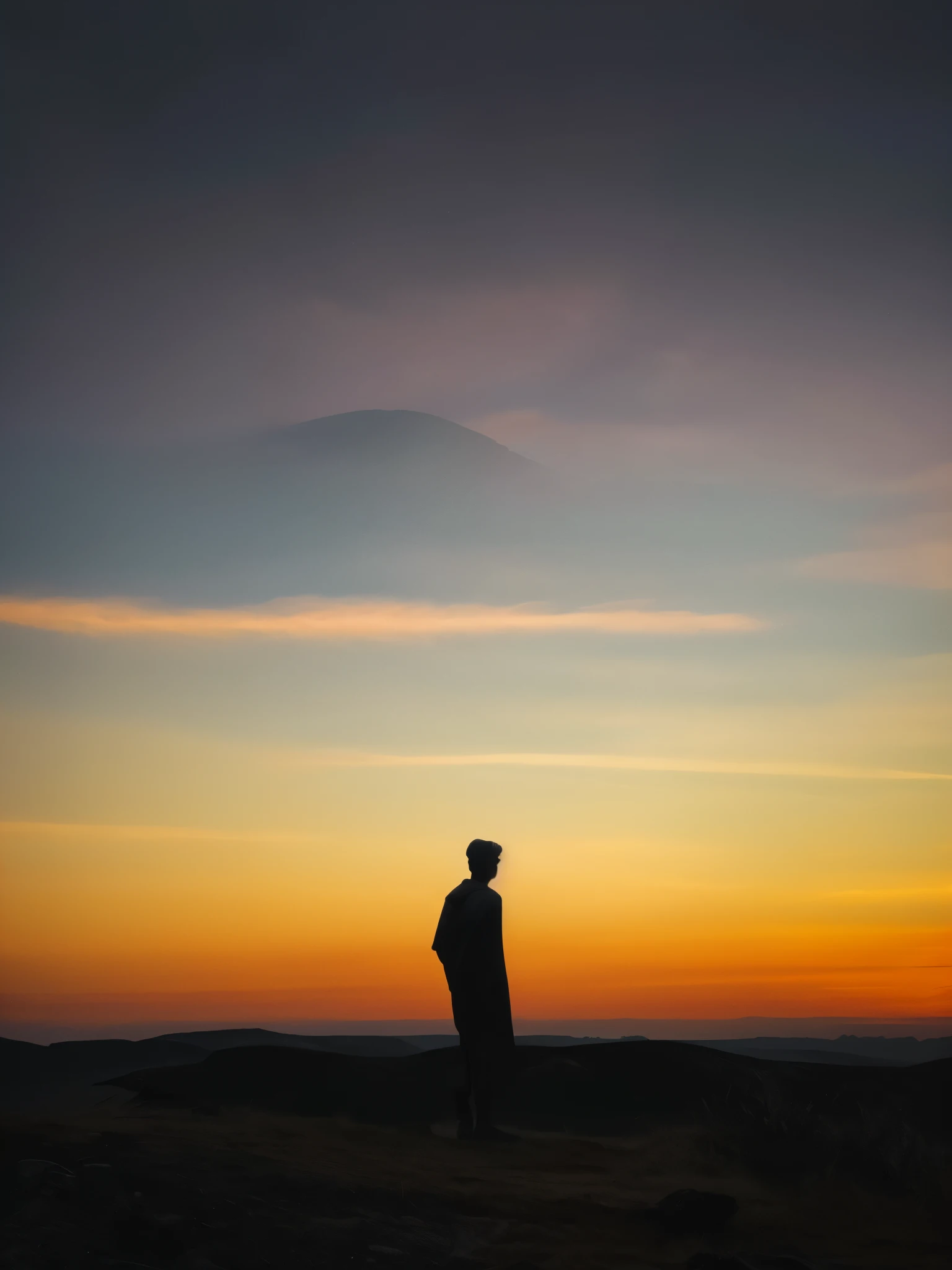 Faint hint of a lonely wanderer walking in the direction of an ridiculous enormously gigantic stone sculpture of a face in the distant mist and fog, cinematic