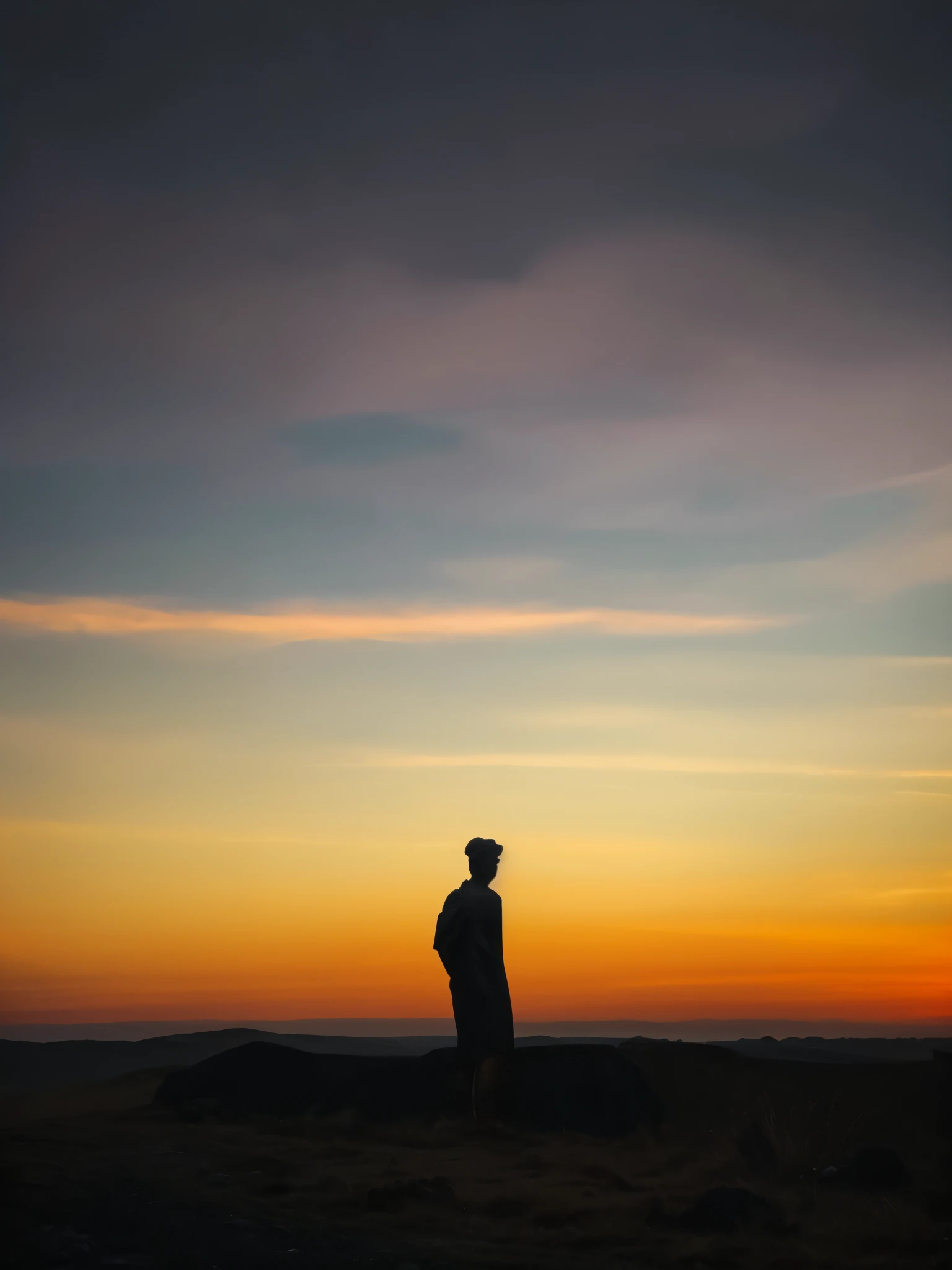 Faint hint of a lonely wanderer walking in the direction of an ridiculous enormously gigantic stone sculpture of a face in the distant mist and fog, cinematic