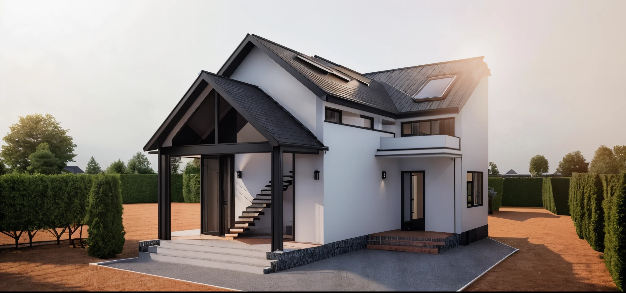 a rendering of a house with a staircase and a red roof, passive house, vue 3d render, complete house, front-view, sketch - up, 3/4 view, 3 / 4 view, render 3 d, concept house, comprehensive 2 d render, simple gable roofs, detail render, 3d rendering, 3 d rendering, 3d max render