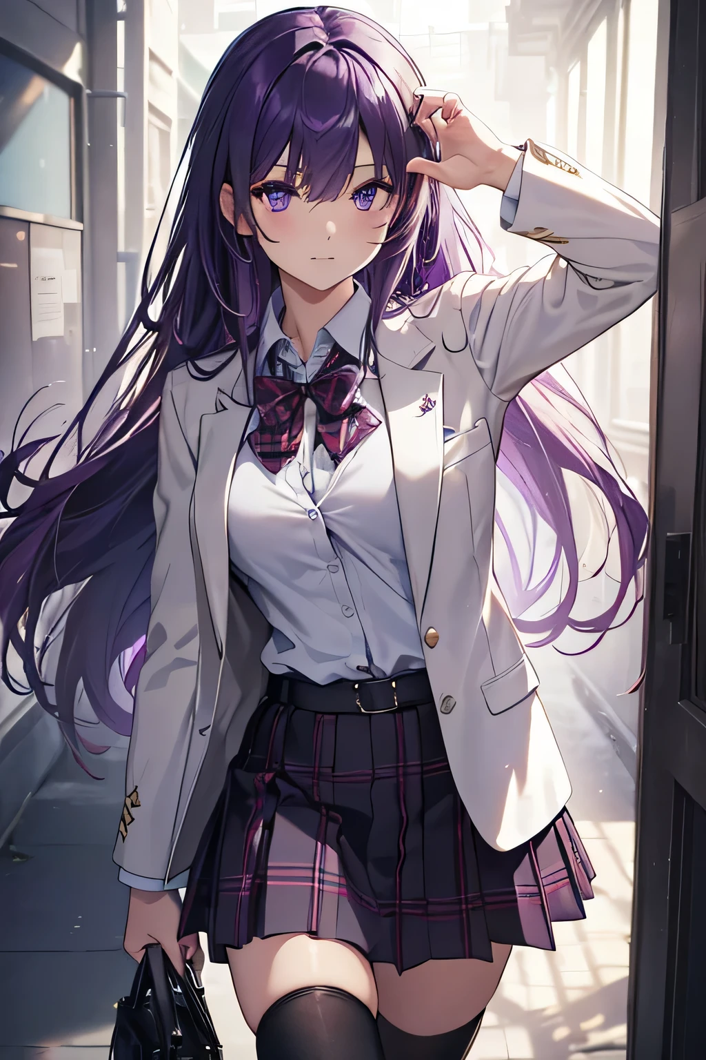 (High resolution, realistic, 4K, super detailed, masterpiece:1.2), purple eyes, purple hair, long hair, cowboy shot (no hat:1.3), ((school uniform, white blazer)),Plaid skirt and navy skirt,black legwear,school hallway