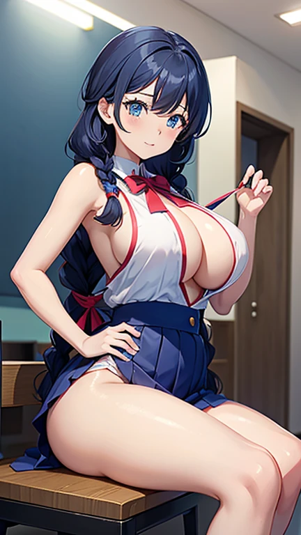 anime (Masou Gakuen HxH),  lady , sexy (very big boobs), actress (Hayuru Himekawa) , blue eyes , black long hair to hip / past hip length , double braid hair ,school uniform , She is at a beauty salon in the city