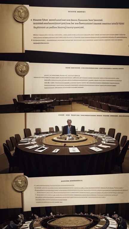 (masterpiece, historical documentation, impactful:1.3), immersive visual journey into UN negotiations, (diplomats at the table:1.2), archival photographs overlay, key figures in discussion, (intricate details of discussions:1.1), aged parchment aesthetics, diplomatic documents scattered, faces reflecting tension, sepia tones, iconic moments frozen in time, emotional gravity, the birth of resolutions, immersive storytelling through historical artifacts, high-resolution clarity, detailed timeline, palpable tension, visual exploration of pivotal moments shaping global peace.