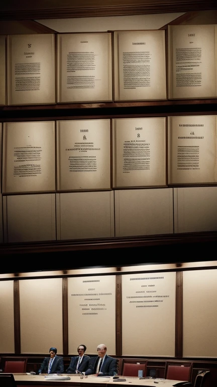 (masterpiece, historical documentation, impactful:1.3), immersive visual journey into UN negotiations, (diplomats at the table:1.2), archival photographs overlay, key figures in discussion, (intricate details of discussions:1.1), aged parchment aesthetics, diplomatic documents scattered, faces reflecting tension, sepia tones, iconic moments frozen in time, emotional gravity, the birth of resolutions, immersive storytelling through historical artifacts, high-resolution clarity, detailed timeline, palpable tension, visual exploration of pivotal moments shaping global peace.