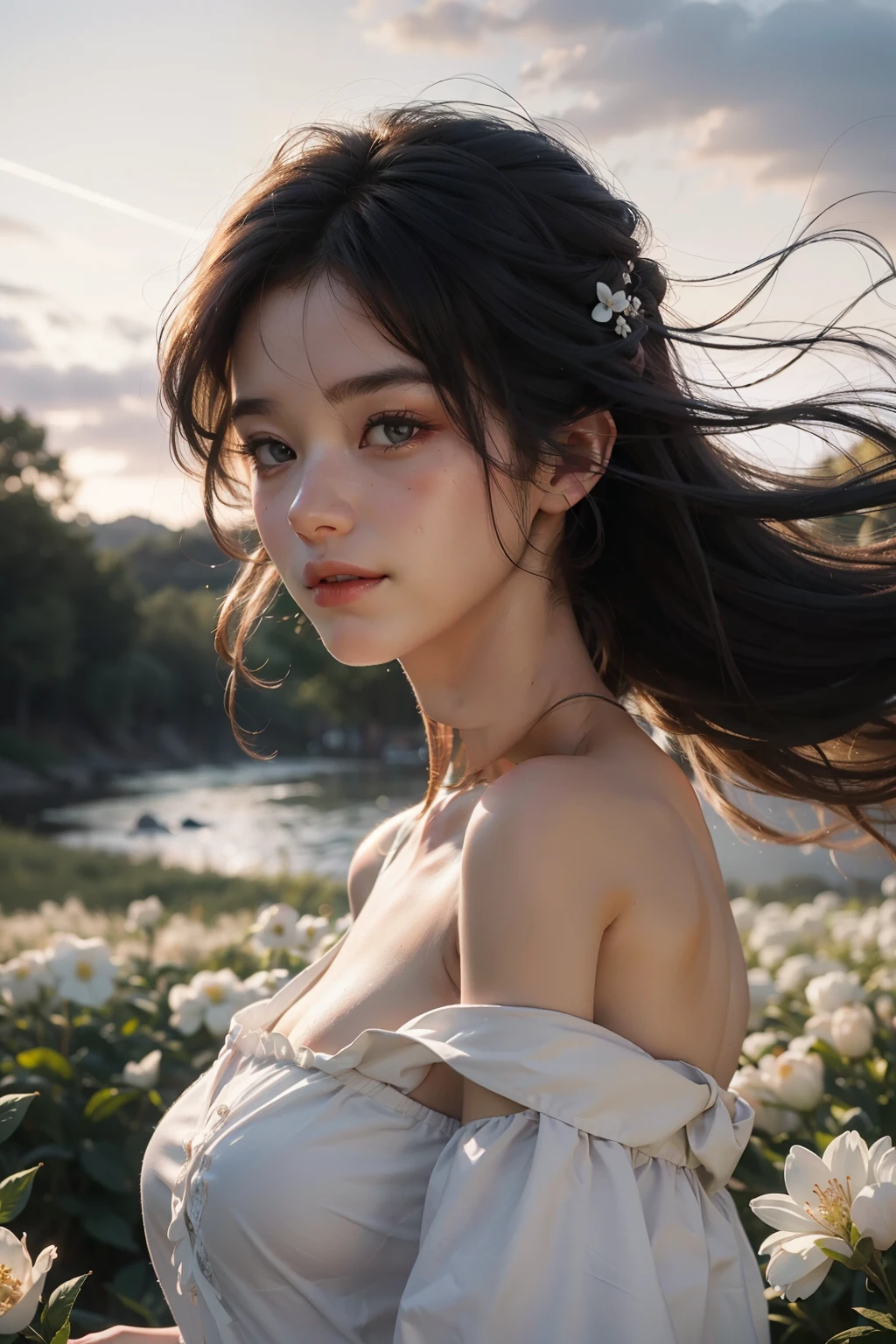 Best quality, masterpiece, photography, windswept tresses, hair entangled like flames against a twilight sky, emanating untamed beauty,ultra high res, (photorealistic:1.4), raw photo, 1girl, white dress, off shoulder, blossom flower field, glowing skin, light smile