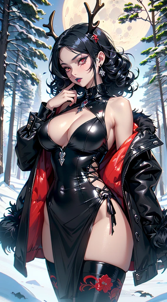 gothic reindeer girl,(((1girl))),((extremely cute and beautiful black haired anime gothic reindeer girl)),

(((anthro furry:1.2), Playboy_Reindeer, reindeer_antlers,(huge antlers:1.2),)),(large breasts:1.4),saggy breasts,((((black curly hair:1.35,medium hair,colored inner hair,ear breathing)))),(((red eyes:1.3))),intricate eyes,beautiful detailed eyes,symmetrical eyes,big eyes:1.5,((fat)),(((lustrous skin:1.5,bright skin: 1.5,skin tanned,shiny skin,very shiny skin,shiny body,plastic glitter skin,exaggerated shiny skin,illuminated skin))),(spider lower abdomen,narrow waist,wide hip,athletic body,inflated legs,delicate detailed fingers,detailed body,detailed arms,human hands,(detailed face)),

cute,slutty,seductive,erotic,(((nsfw))),

zettai ryouiki,revealing clothing,show skin,(((Sexy goth fur coat, goth fur coat outfit, wearing a goth fur coat:1.3,dark red winter coat))),((red goth mini-skirt,red goth mini skirt with furry edge,visible thong straps)),(red gothic clothes,semi-naked,with little goth clothing),((((Black Eyeshadow,Thick Black Eyeliner,Long Dramatic Eyelashes,Black Lips,moon Accessories,ravens ornaments)))),((ravens on her clothes)),(((intricate outfit,intricate clothes,embroidered outfit,ornate outfit))),

(dynamic pose:1.0),embarrassed,(centered,scale to fit dimensions,Rule of thirds),

((snowy pine forest at night)), with dark stormy clouds,winter,scenery:1.25,((snow forest background)),Christmas tree,

highres,sharp focus,(ultra detailed,extremely detailed),(photorealistic artwork:1.37),(extremely detailed CG unity 8k wallpaper),(((vibrant colors,vibrant theme))),(intricate),(masterpiece),(best quality),