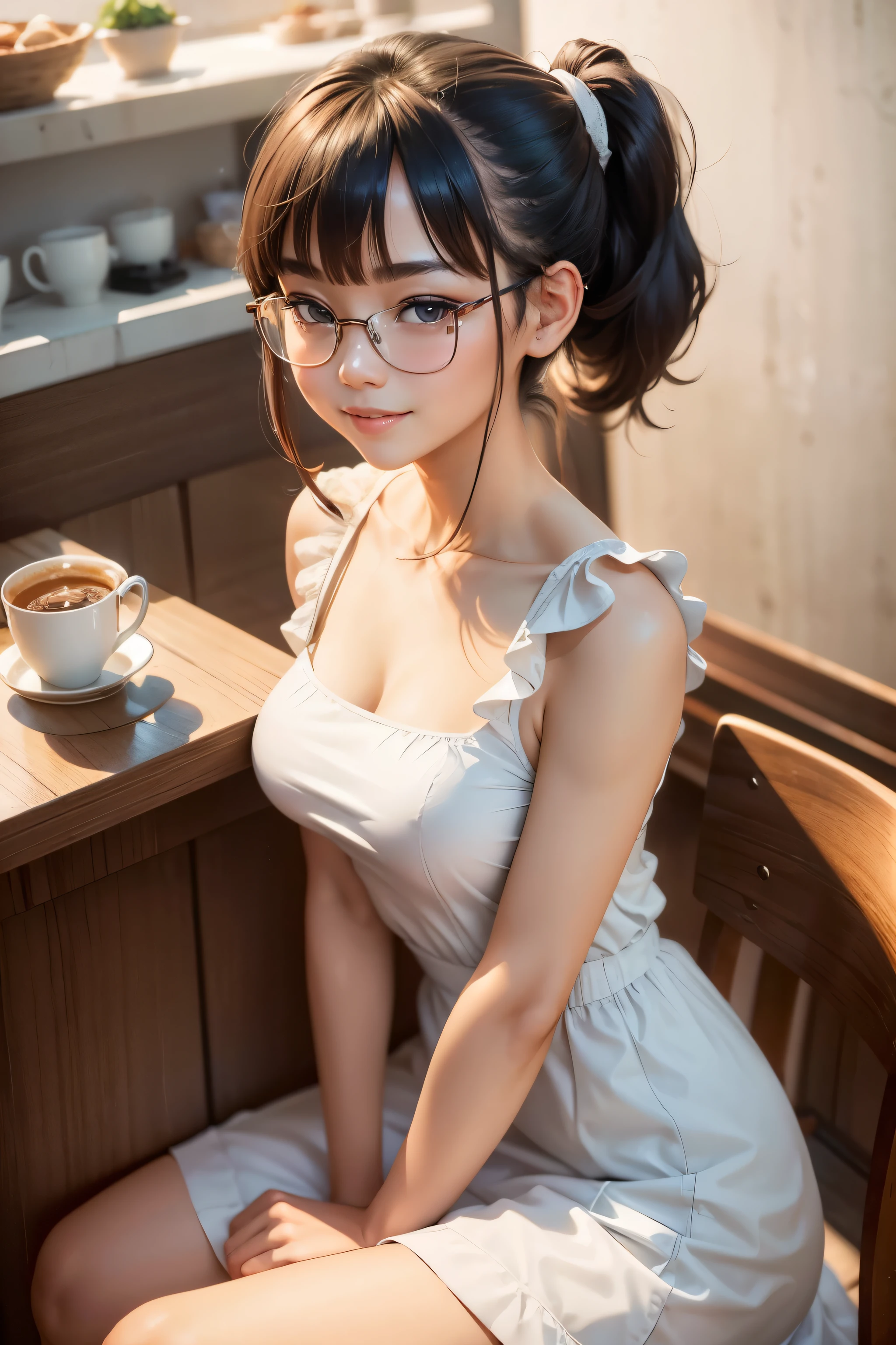 1 beautiful Thai girl, Ponytail, smooth, glasses, smile, natural small breast, sit, café, ((Dresses,Closed neck,Sleeveless,white)), anime, very high